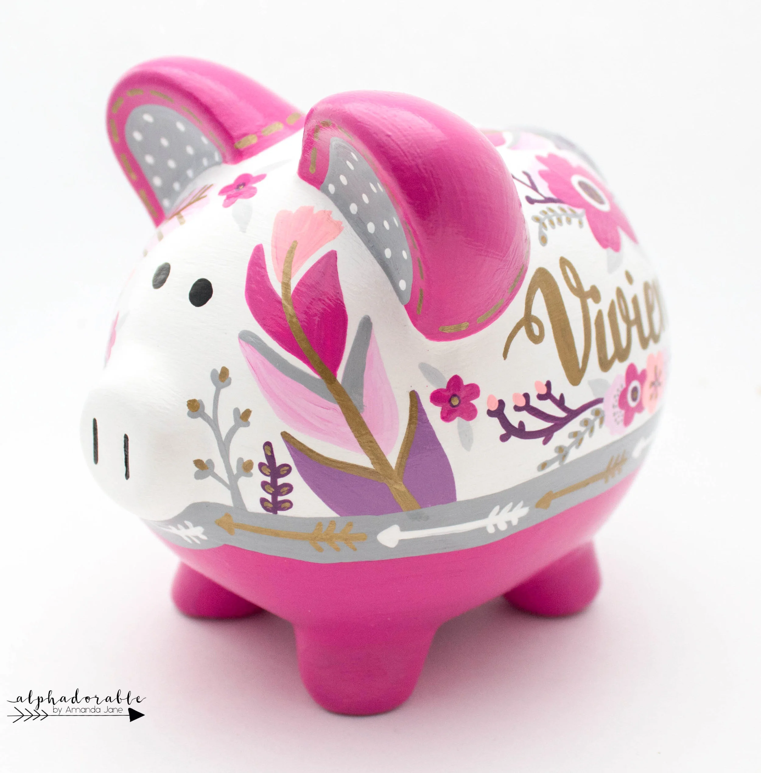 Boho Chic Coral Fuschia Grey And Gold Personalized Piggy Bank