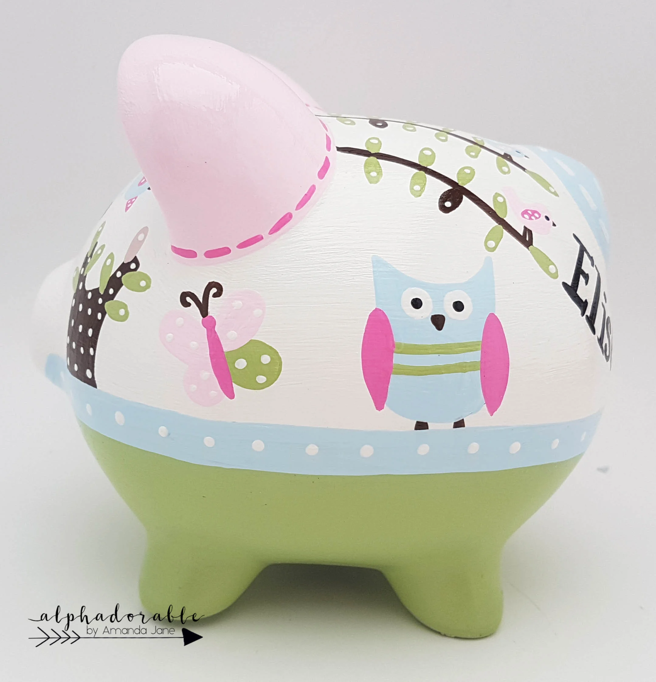 Hayley Owl Themed Piggy Bank In Pink Blue Green And Brown