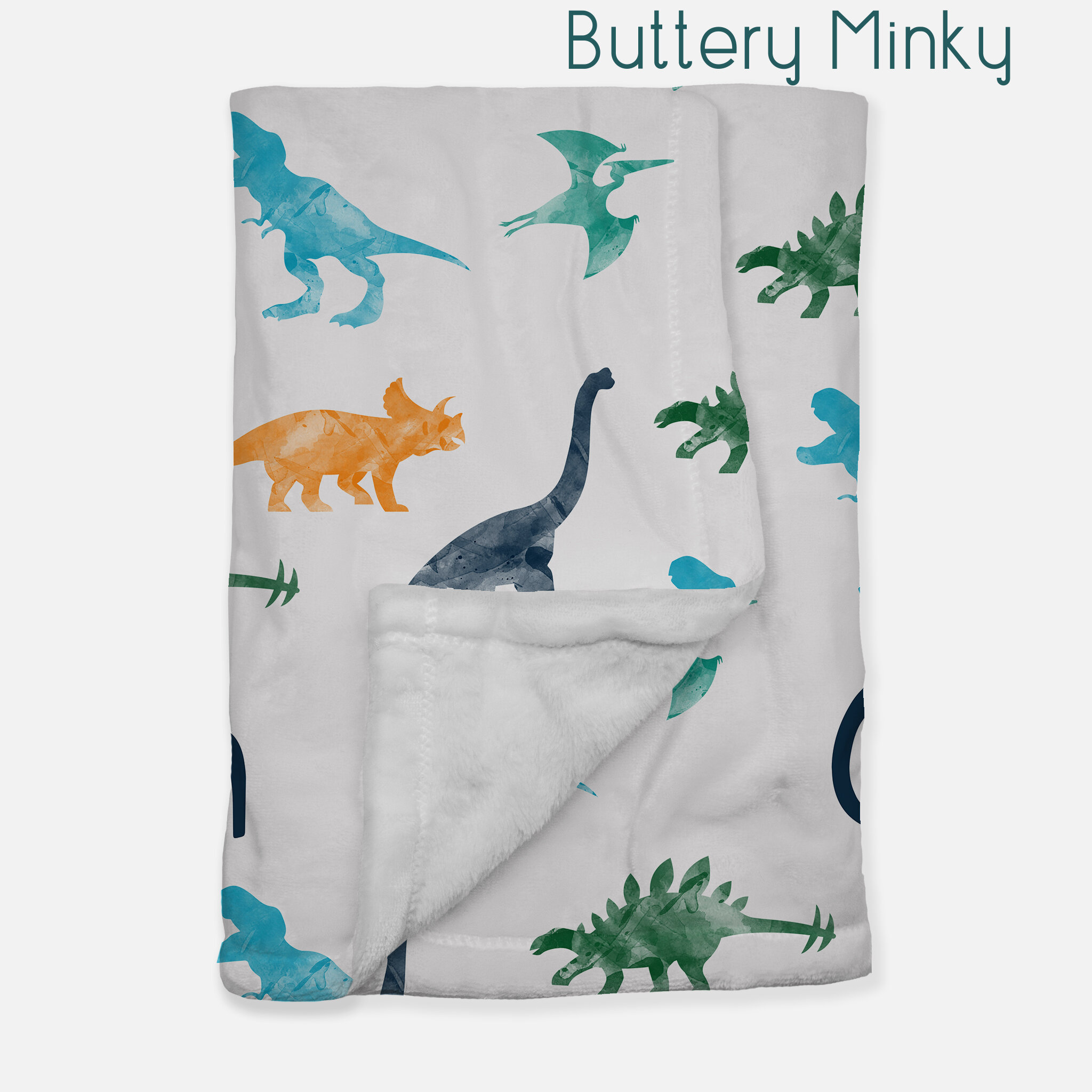 Watercolor Dinosaurs in Blue Lovey Blanket and Purple Minky and Sherpa Green