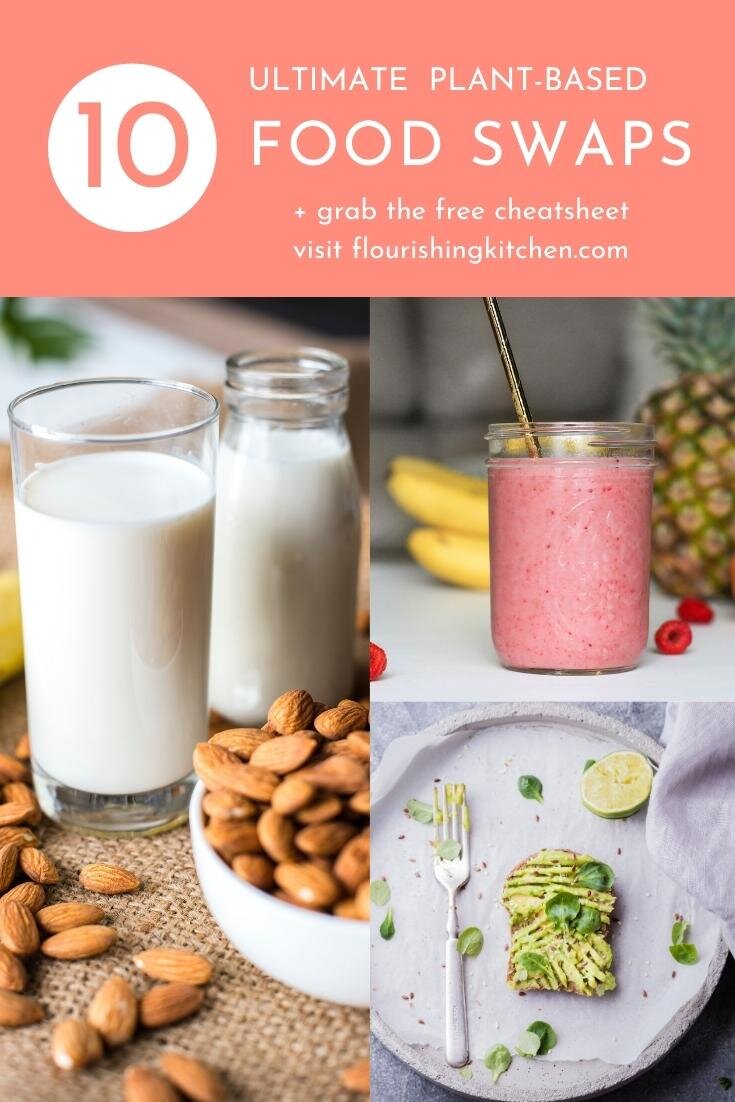Pinterest.的图像显示3种植物的食物。 1 - 玻璃与杏仁牛奶旁边的生杏仁旁边。 2 - 烤面包上的牛油果撒上草药,叉子和一半的石灰也在板上。 3 - 一杯水果冰沙用覆盆子,香蕉和菠萝显示。