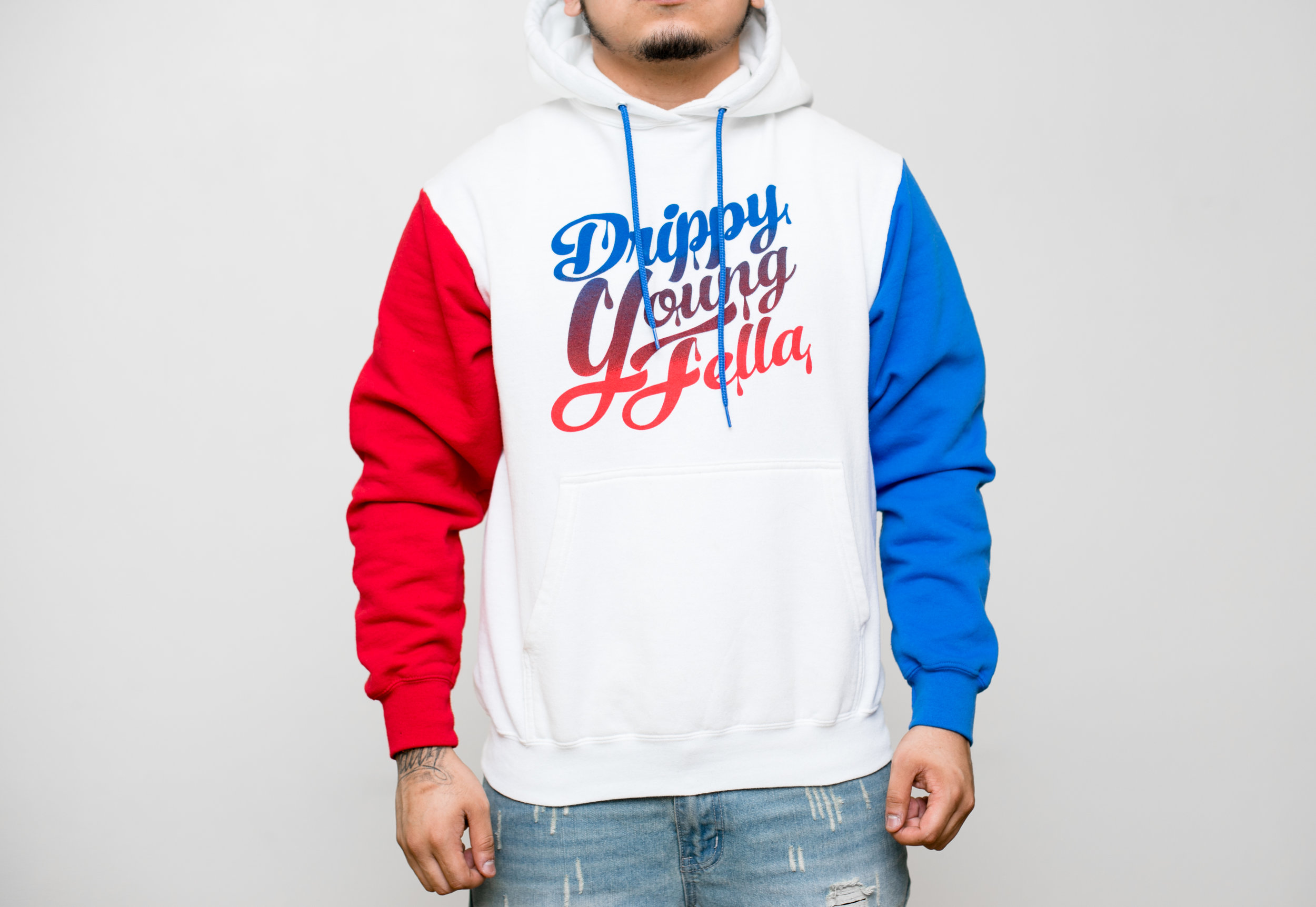 blue white and red hoodie