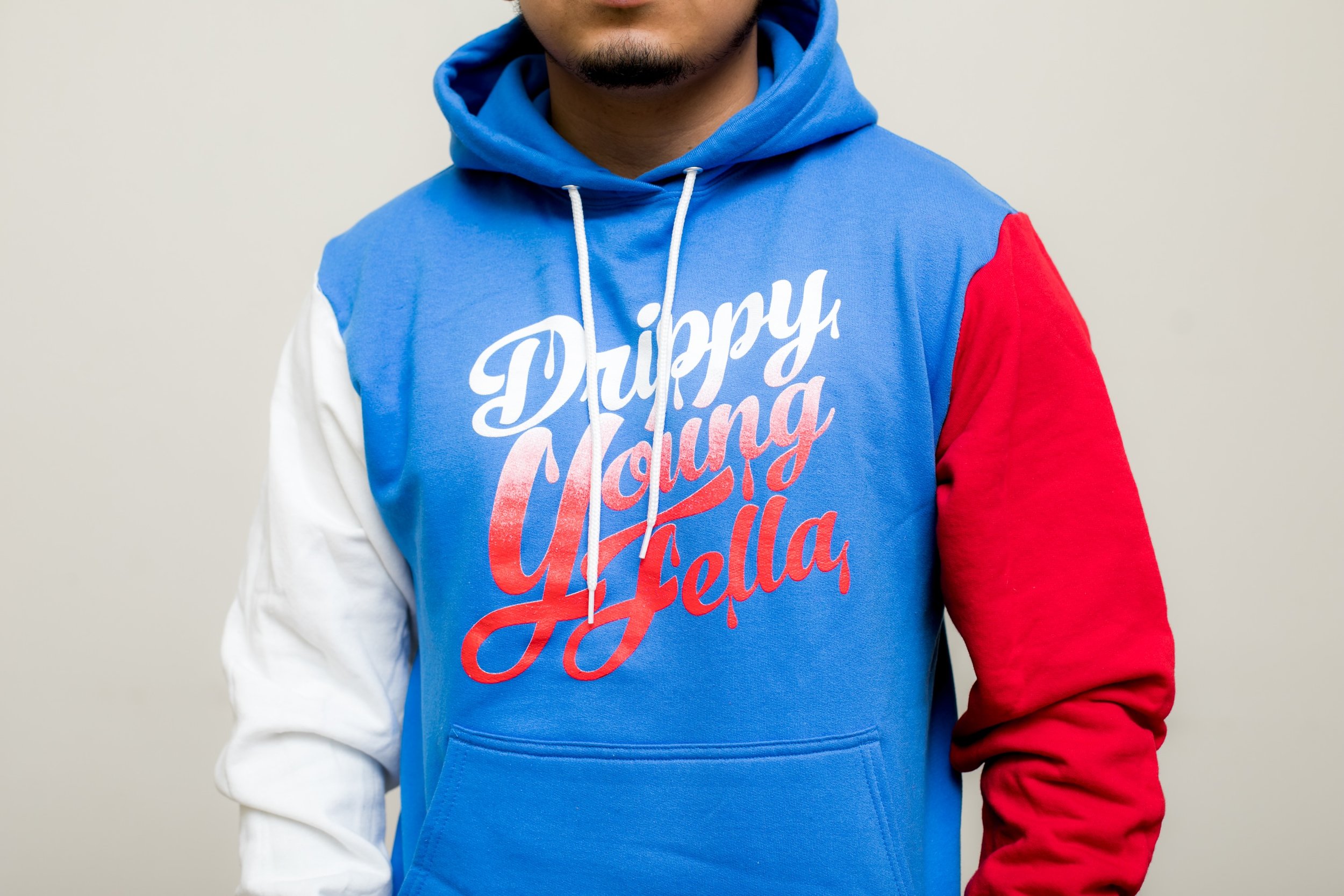 blue white and red hoodie
