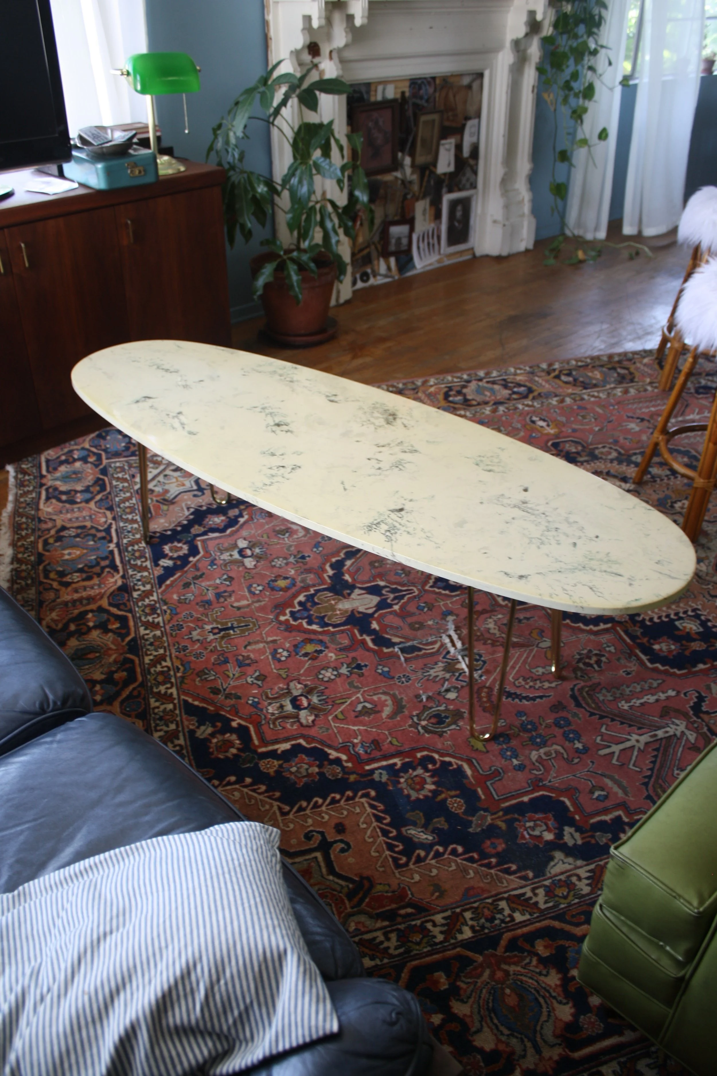 Yellow Marble Coffee Table With Gold Hairpin Legs Opossum Taft