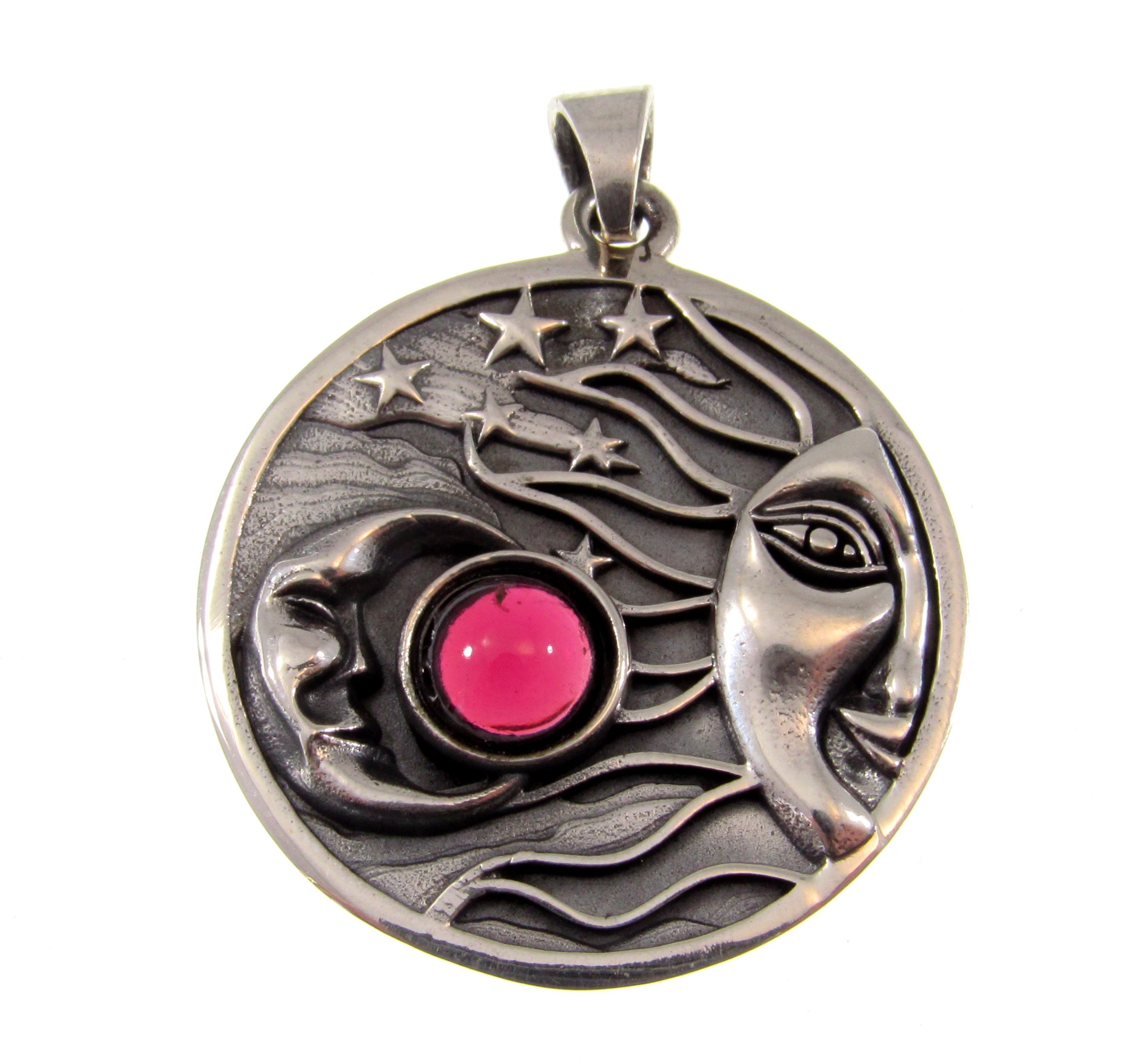 Large Sterling Silver Celestial Sun, Moon, and Stars Pendant with Gemstone — Renegade Jewelry Large Sterling Silver Celestial Sun, Moon, and Stars Pendant with Gemstone — Renegade Jewelry