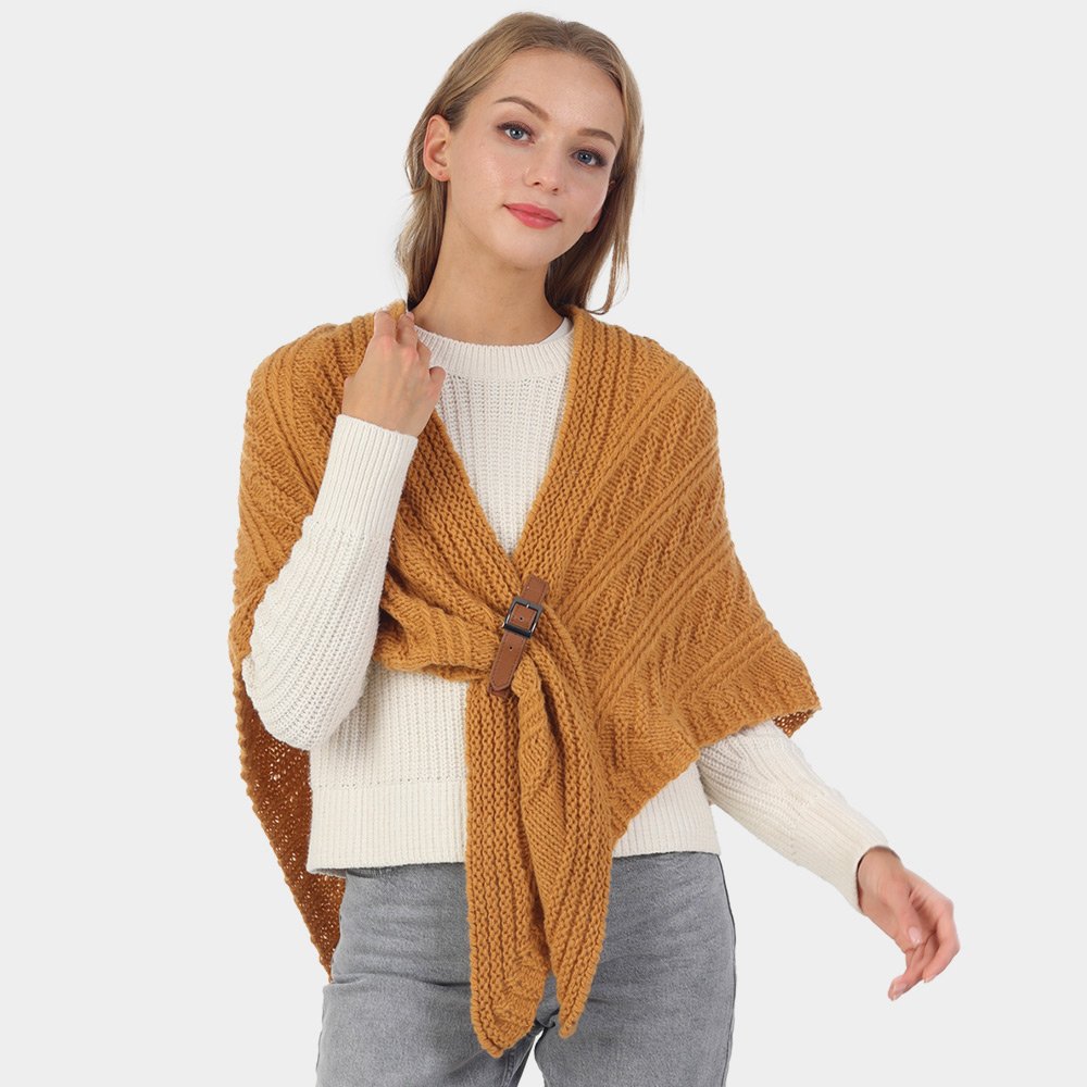Belt Pointed Knit Pull Through Cape Poncho- Four Colors