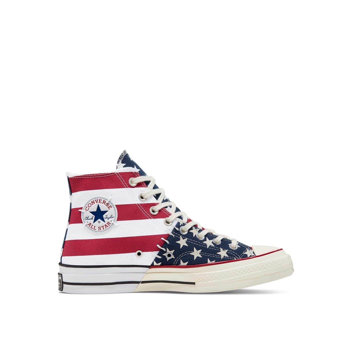 White converse with cheap blue and red stripe