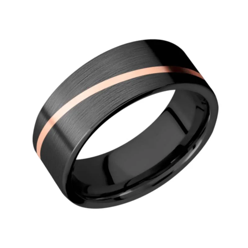 Black Zirconium Wedding Ring with 1 mm Rose Gold Inlay Black Zirconium Wedding Ring with 1 mm Rose Gold Inlay