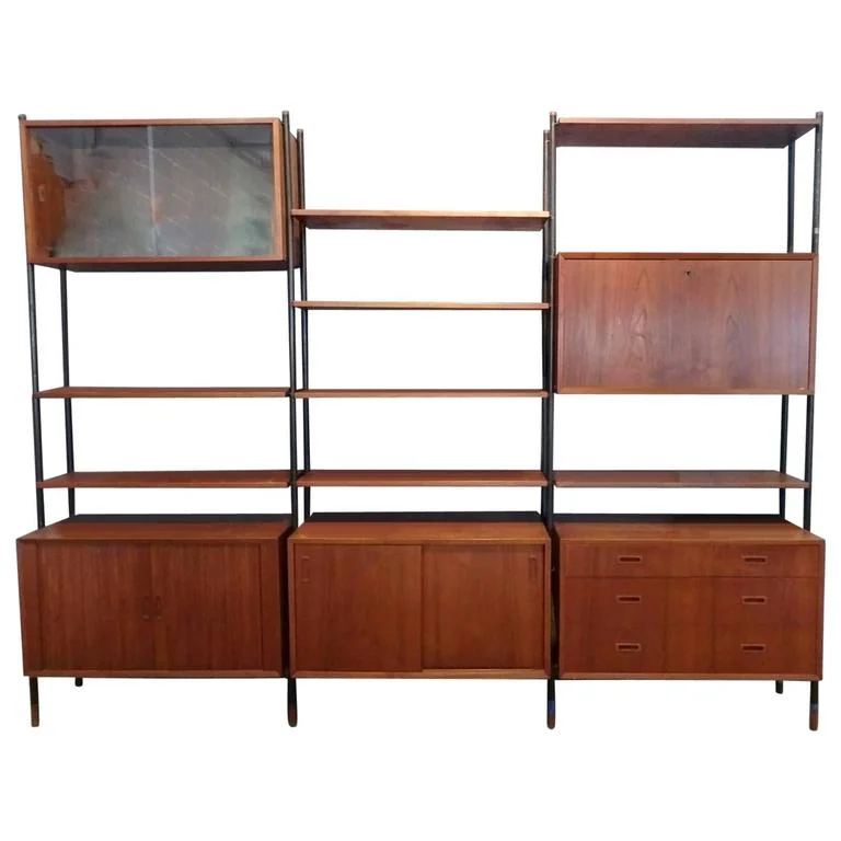 Arne Vodder Attributed Steel Frame Danish Teak Modular Wall Unit