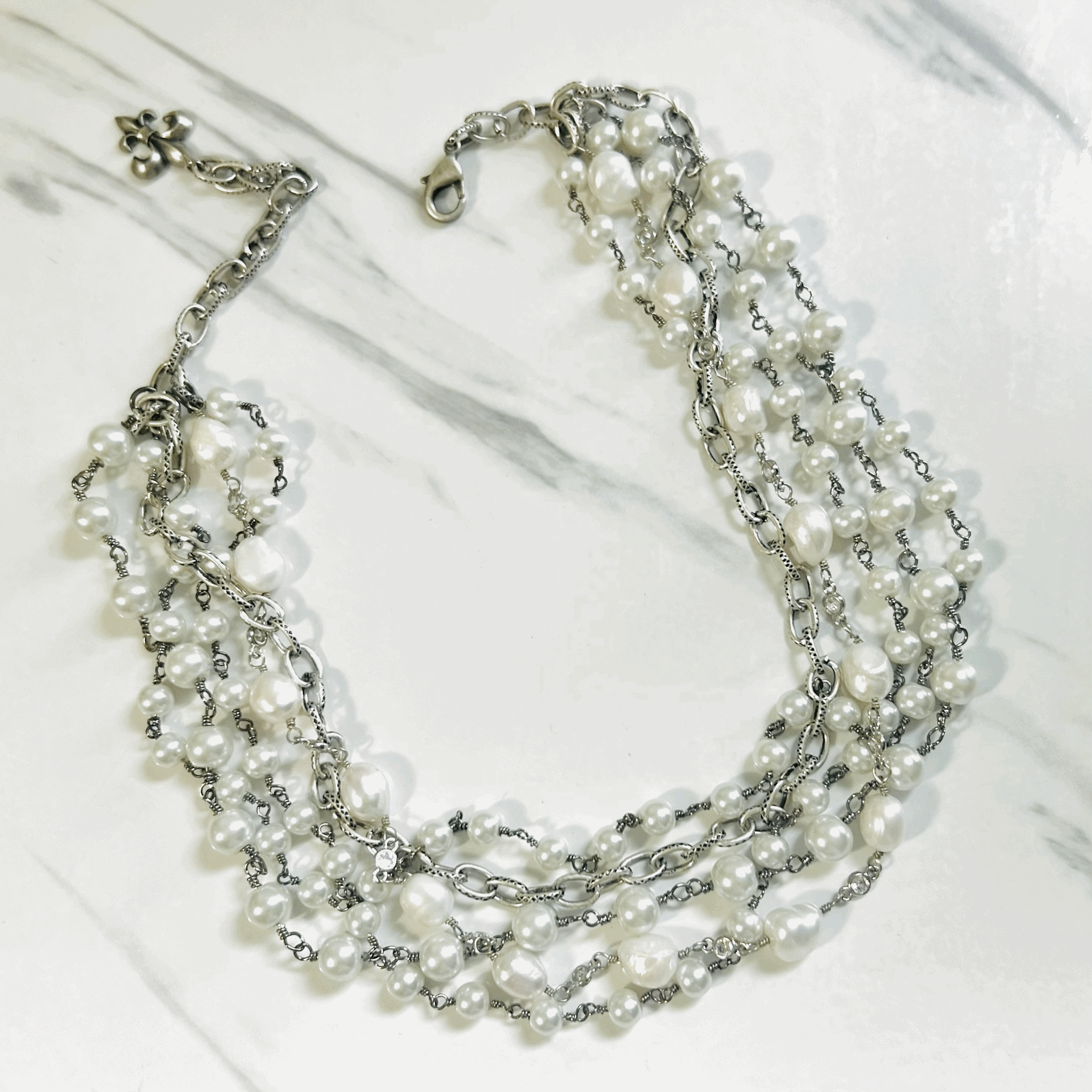 Multi Strand Pearl Necklace in White or Silver Freshwater and Glass Pearls  — fickle fox co