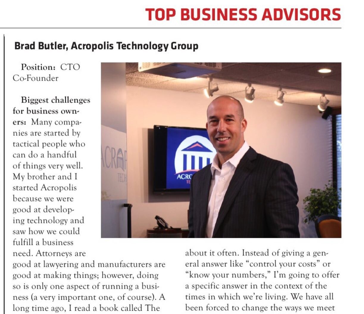 Congrats to Brad Butler for his amazing article in St. Louis Small Business Monthly and being named Top Business Advisor in 2021! See link for the full article: 

#linkinbio

#acropolistech #topbusinessadvisor #stlouissmallbusinessmonthly #smallbusin