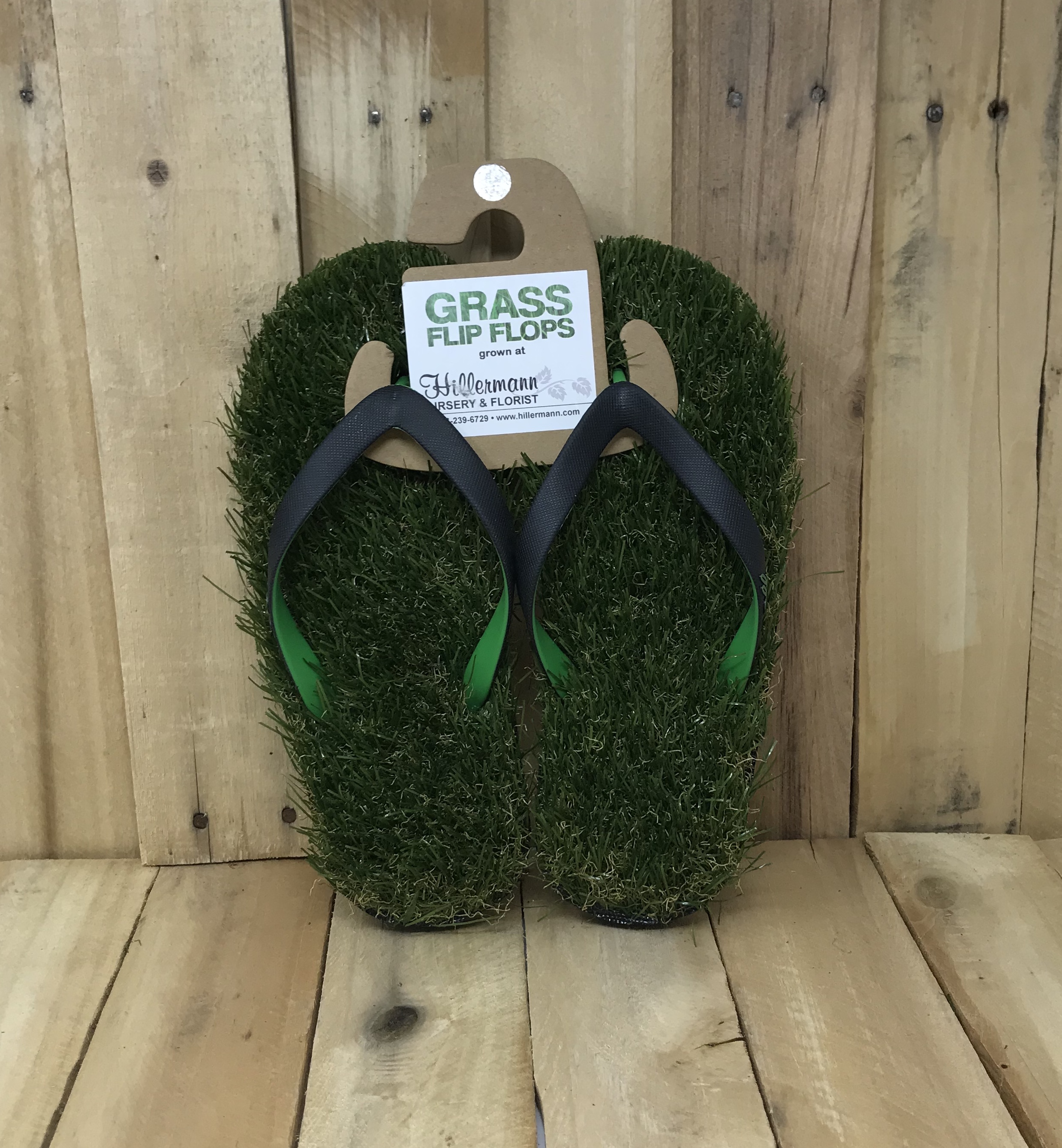 green grass flip flops