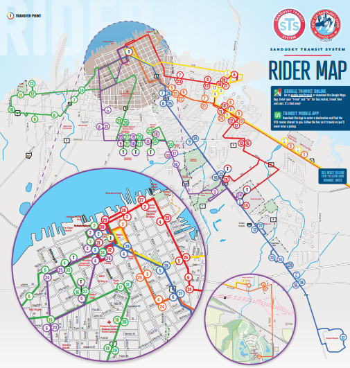 Sandusky Transit Systems更新了Rider Map,其中包括市中心和BGSU Firelands校园之间的新橙色线。图片由STS提供。
