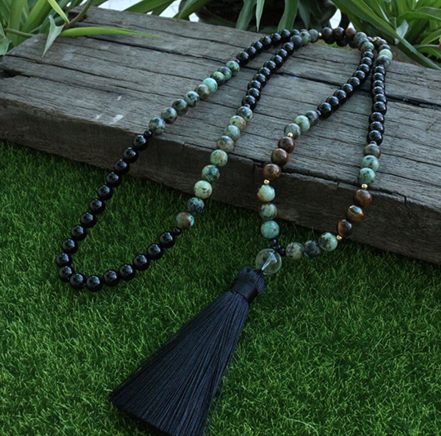 African beaded fringe necklace turquoise