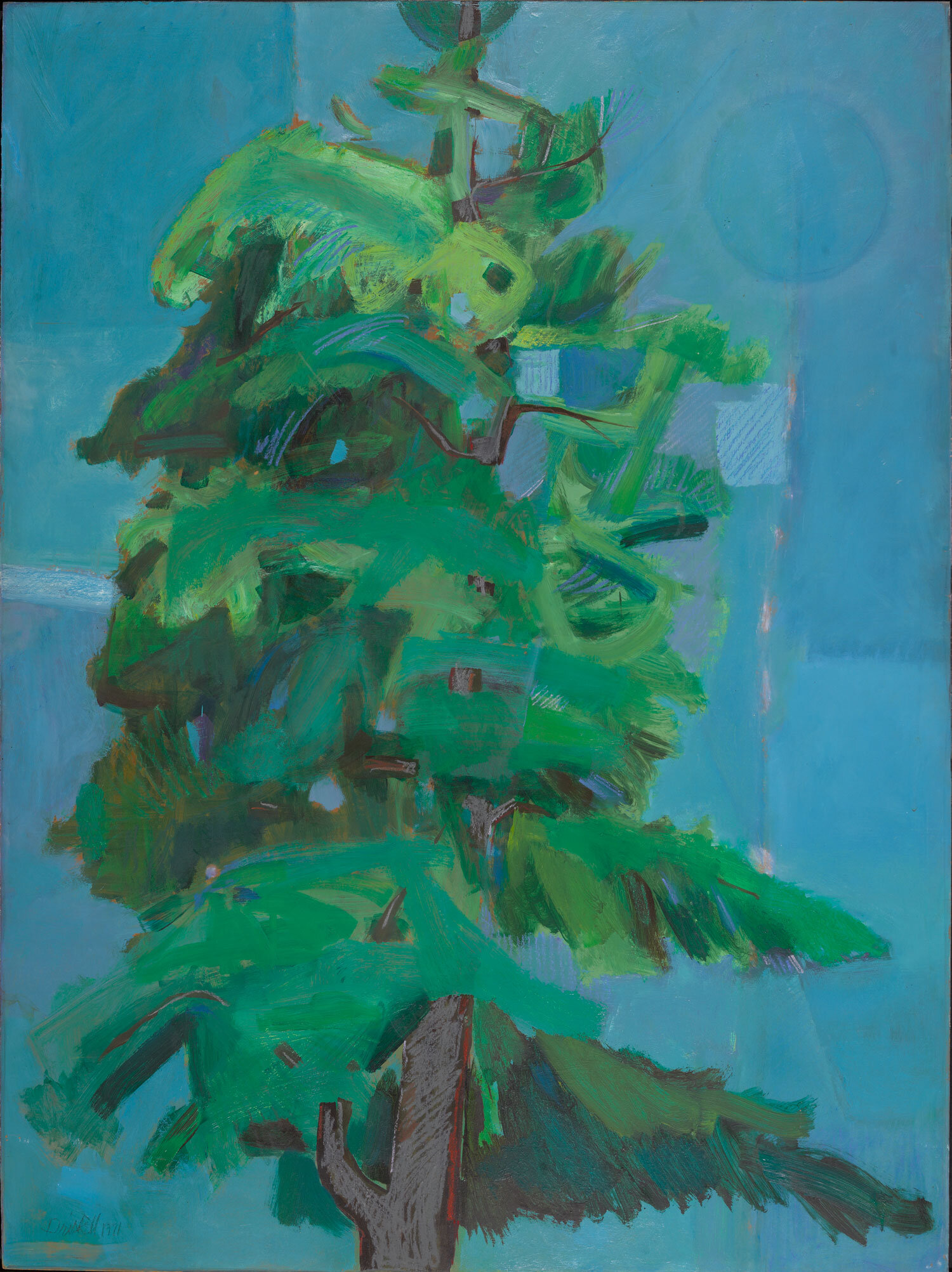 戴维·德斯凯(David Driskell)(美国,1931-2020年),《松树与月球》,1971年,油在玛森石上,47 3/8 x 35 1/8英寸。在缅因州波特兰市波特兰艺术博物馆收藏之友的支持下购买博物馆,2011.4。图片由Peter Siegel提供。由艺术家和纽约DC摩尔画廊提供。