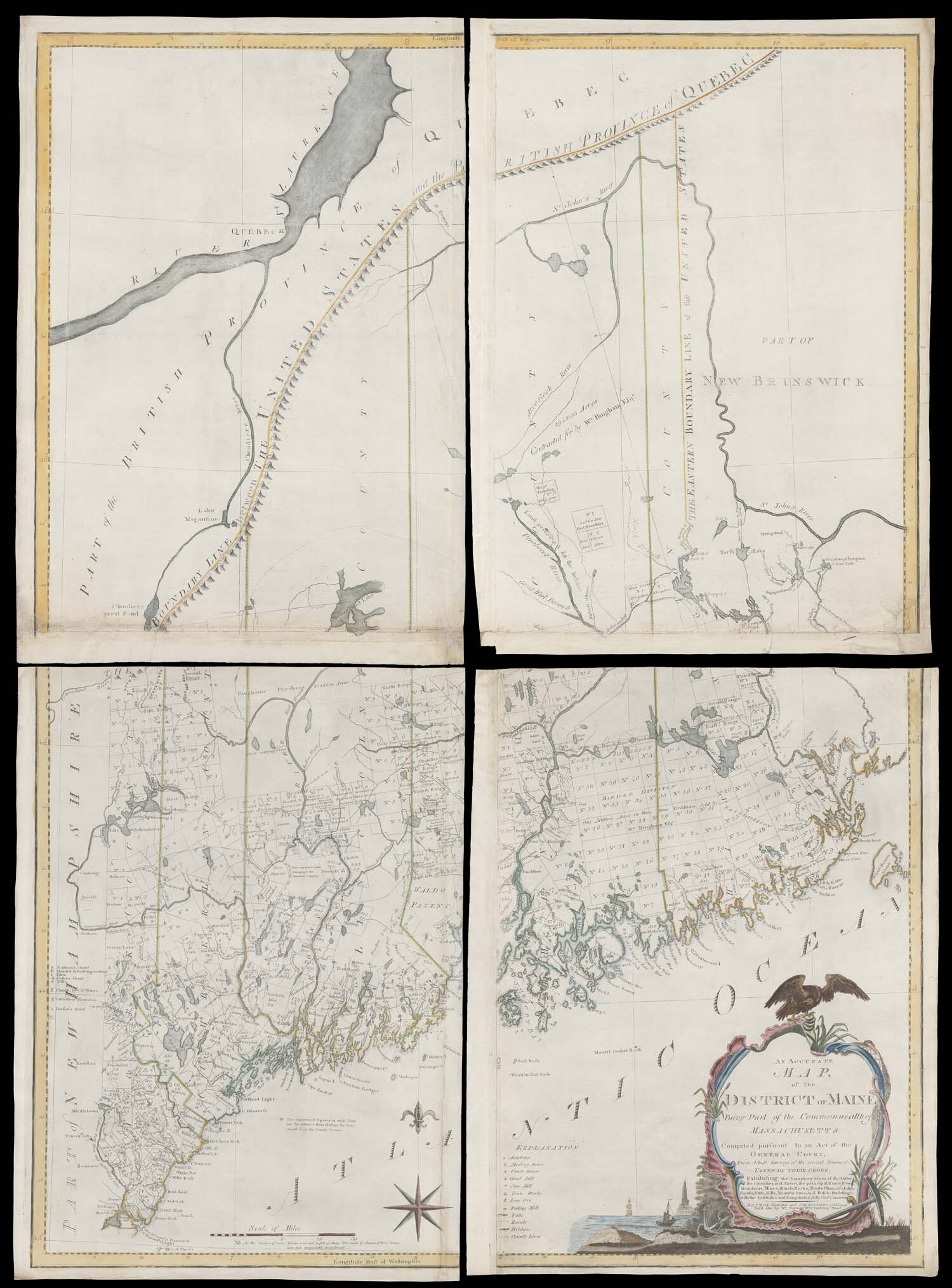 奥斯古德·卡尔顿(Osgood Carleton)(美国,1741年至1816年),是马萨诸塞州联邦的一部分,缅因州区的准确地图,1799年作刻和印刷,并带有手工水粉和水彩,52 3/4 x 37 3 / 8英寸。由南缅因大学Osher地图图书馆和史密斯制图教育中心提供,美国纺织历史博物馆收藏。图片由Osher Map Library提供。