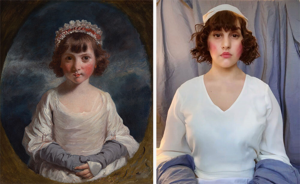 约书亚·雷诺兹爵士(Sir Joshua Reynolds)的《伊丽莎白·萨默塞特夫人肖像》(1777年)和迈克尔·弗林特的#GettyMuseumChallenge版本。