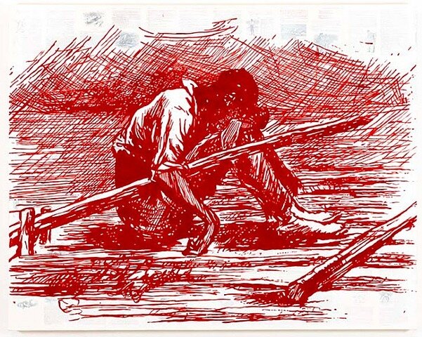 蒂姆·罗林斯(Tim Rollins)(美国,1955-2017年),《哈克贝利·芬历险记:筏上睡着了》(马克·吐温之后),2011年,亚光丙烯酸酯,书页和画布上的石膏,48 x 60 x 1 1/2英寸。在伦纳德和梅尔·尼尔森社会正义基金会,哈罗德·P·米尔德雷德·A·尼尔森艺术购买基金以及收藏之友的支持下,购买博物馆,2012.22。