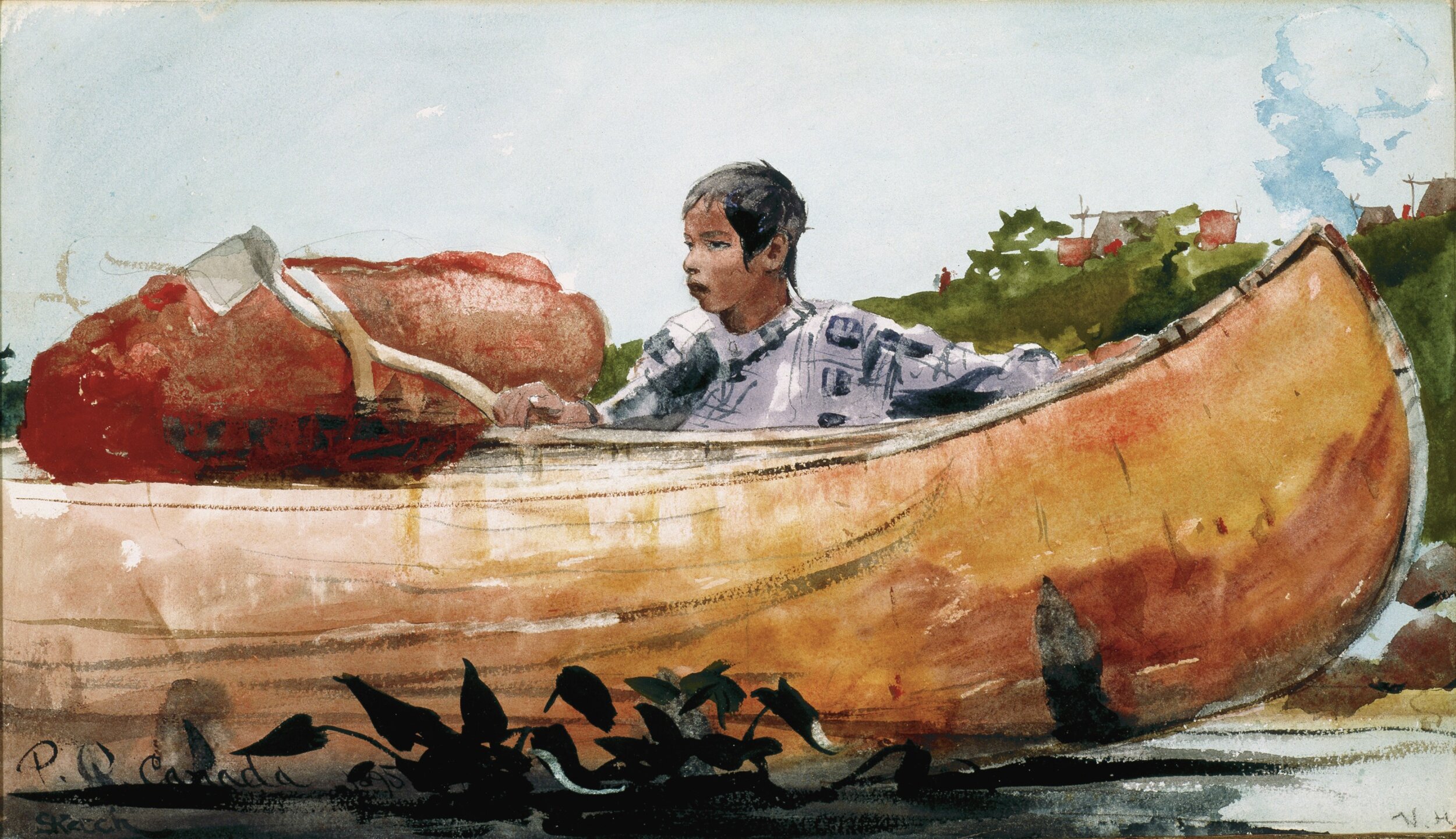 温斯洛·荷马(Winslow Homer,美国,1836年至1910年),印度男孩和独木舟,约1895年,纸上水彩,16 1/2 x 24英寸。丹佛美术馆。 T.爱德华和塔拉·汉利纪念礼物致丹佛及其周边地区的人,1974.417。