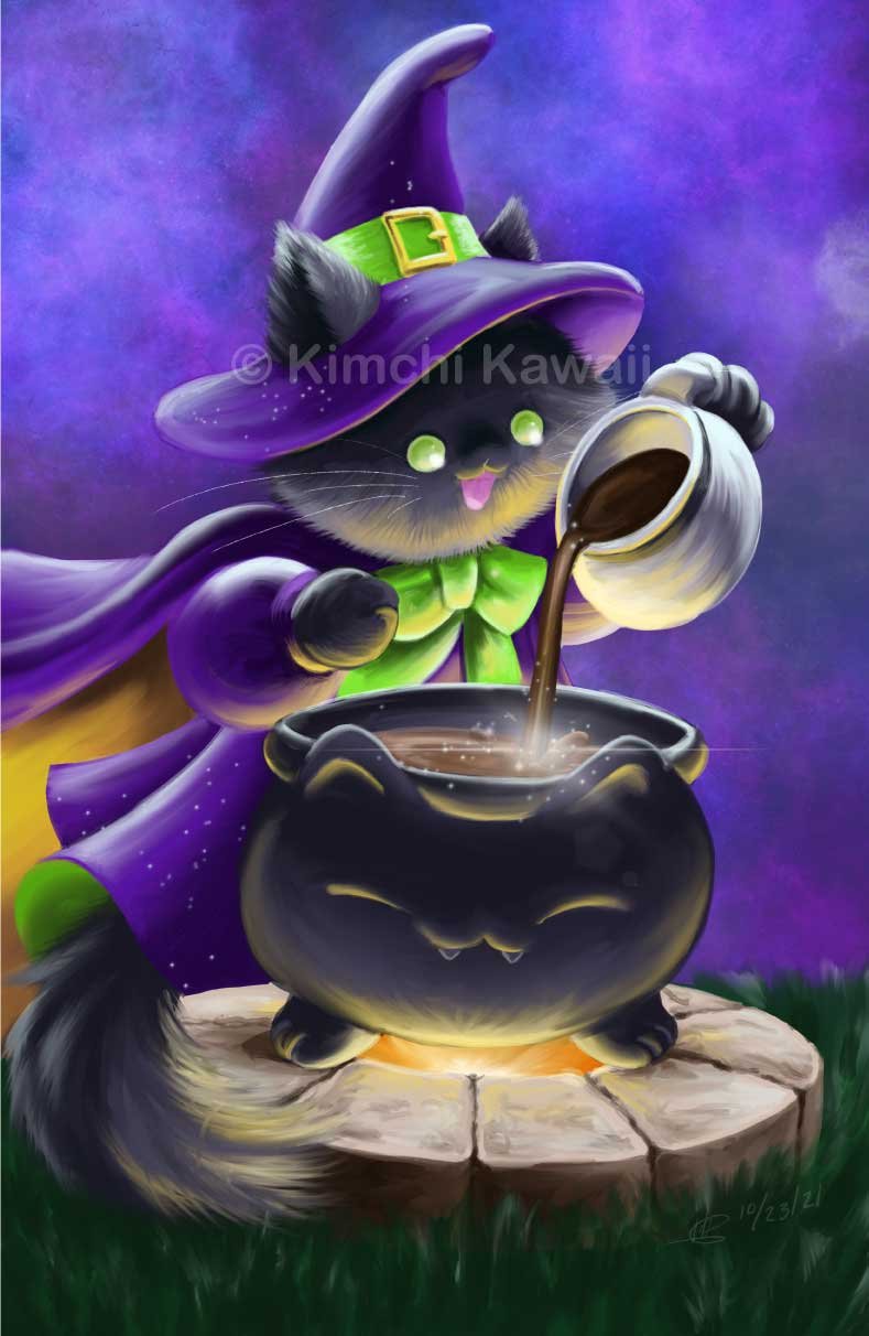 Halloween Witch Black Cat Illustration — Kimchi Kawaii