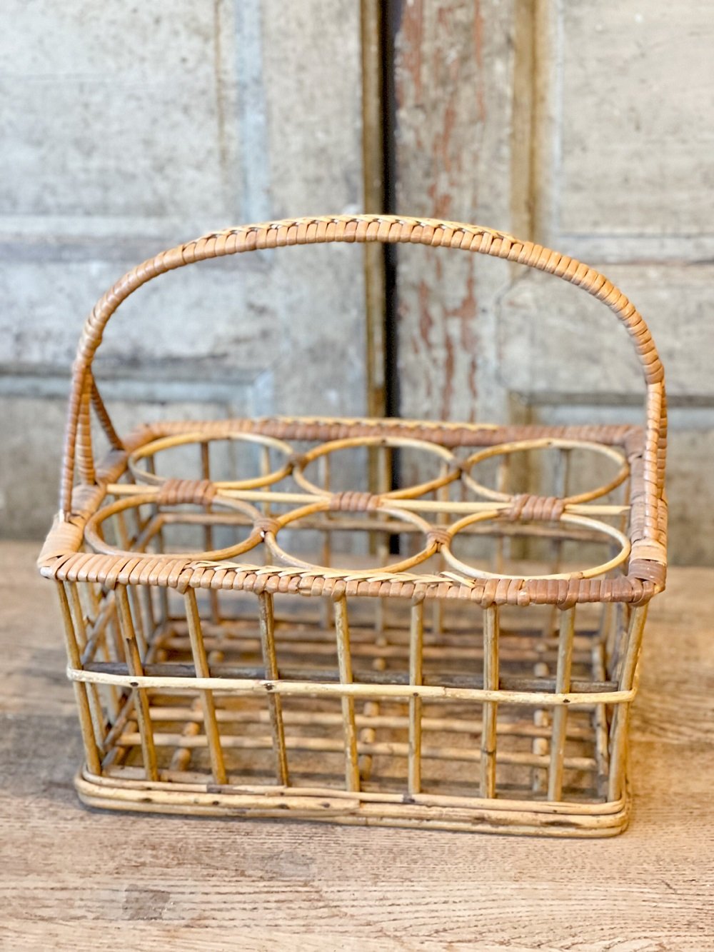 Vintage French Rattan Wicker Wine Bottle Carrier Caddy Basket