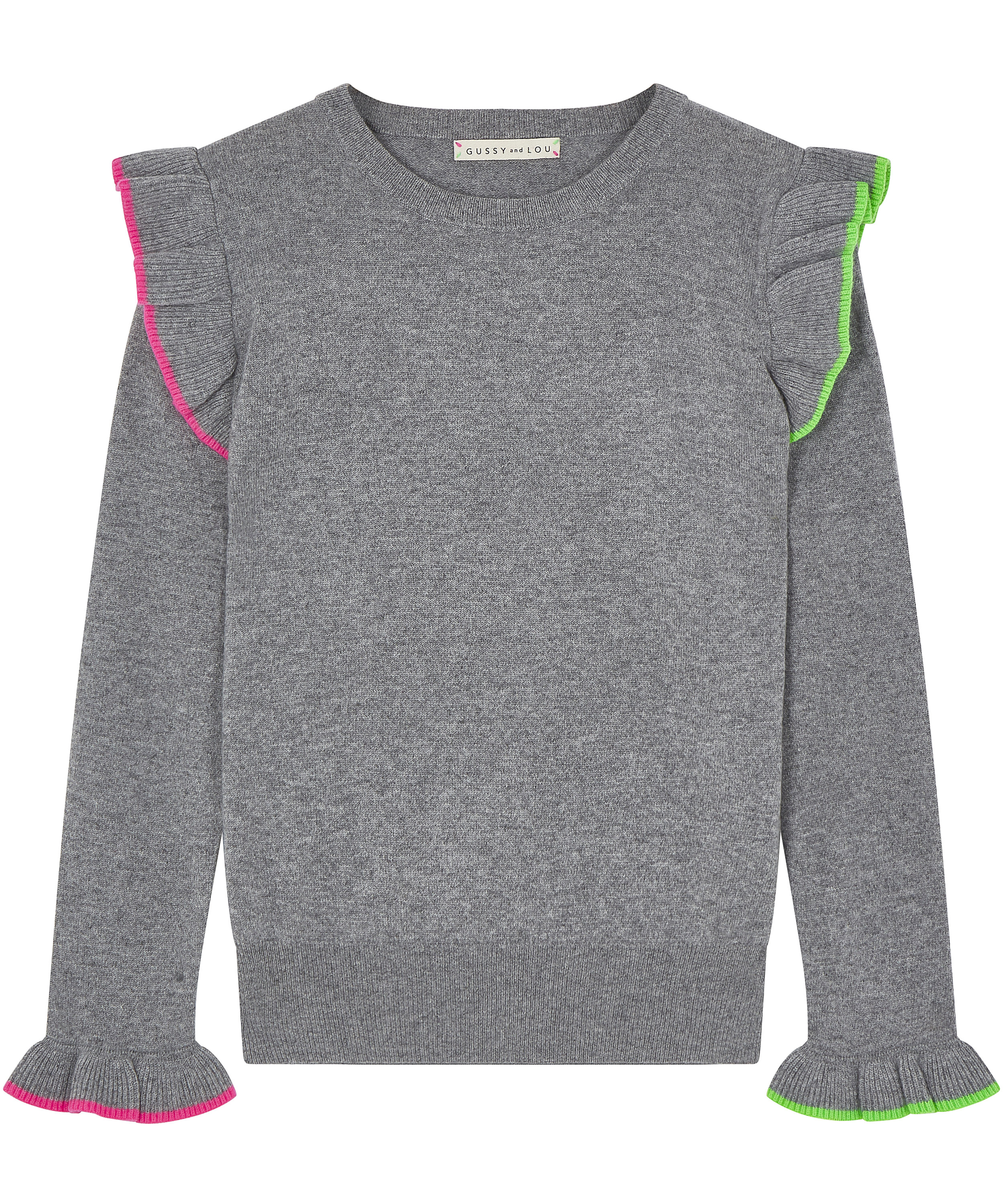 Ladies Grey Ruffle Cashmere Jumper — Gussy and Lou Ladies Grey Ruffle Cashmere Jumper — Gussy and Lou