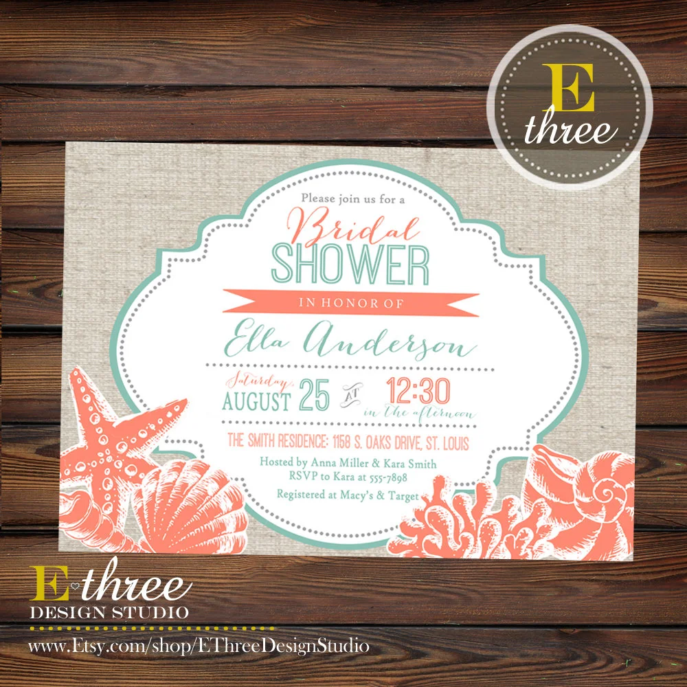 Coral And Teal Beach Bridal Shower Invitation With Seashells