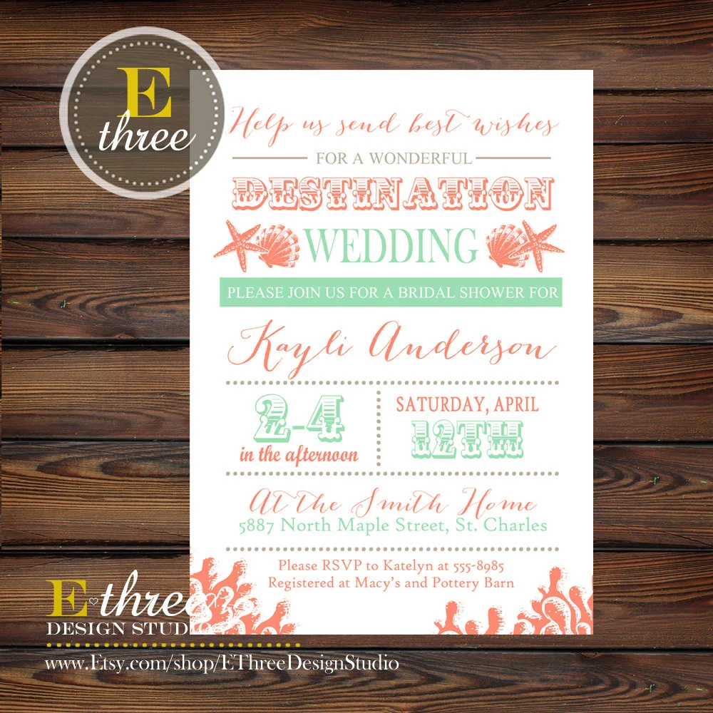 Beach Destination Wedding Bridal Shower Invitation Seashell