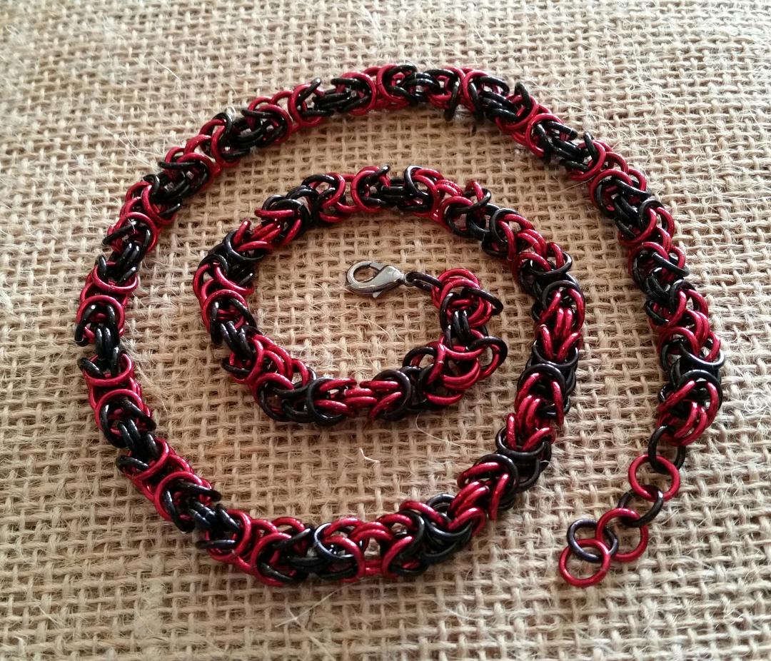 Black and red chain mail earrings
