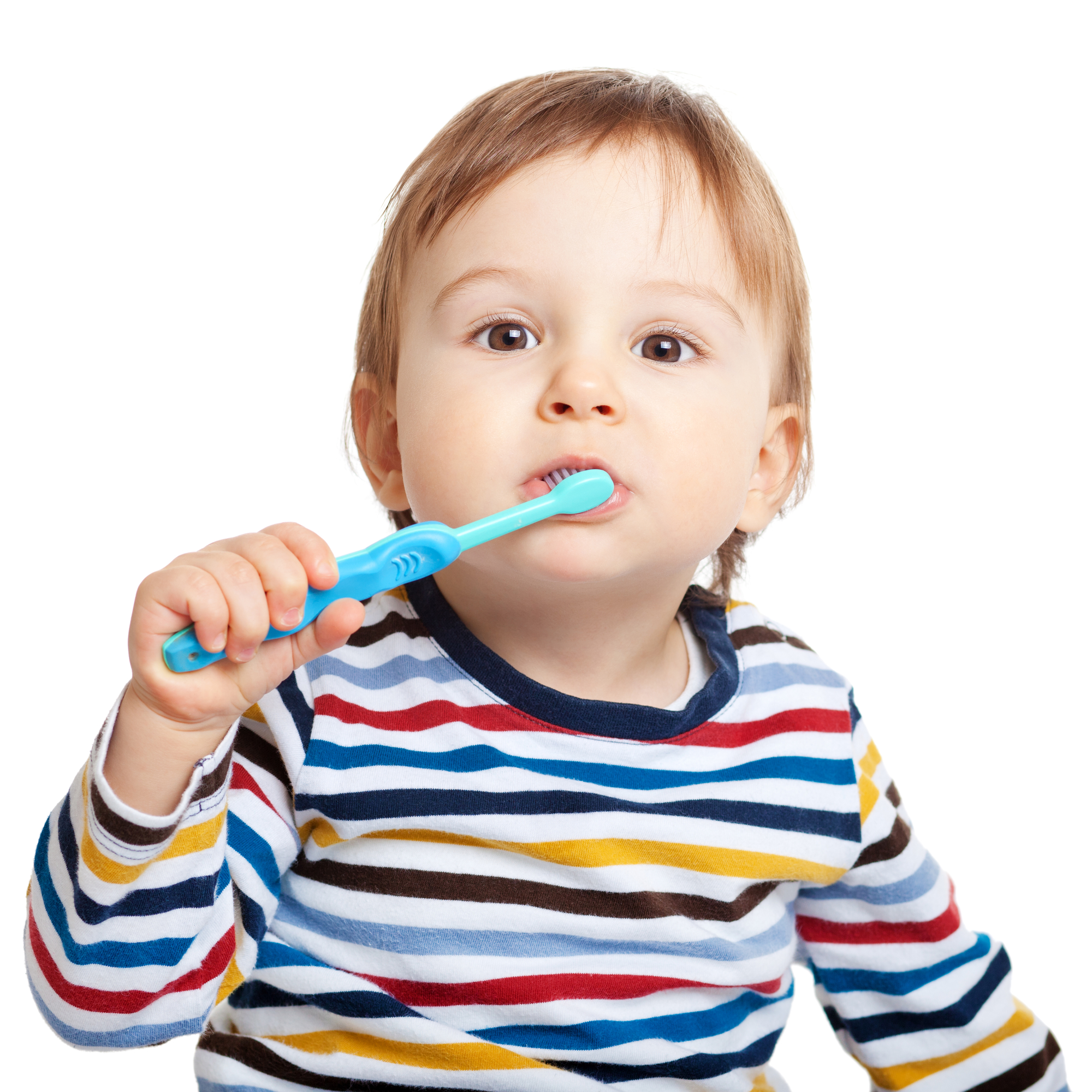 Adorable one year old child learning to brush teeth, isolated on white