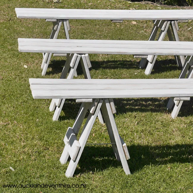 White Washed Trestle Bench Seats Auckland Event Hire