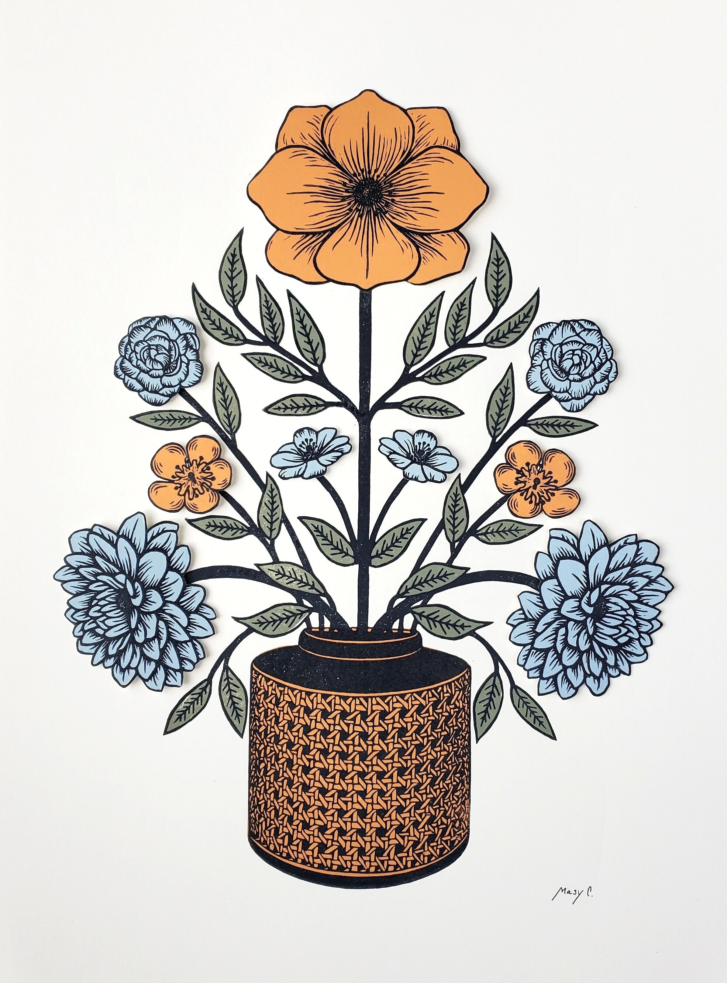 Flowers in cane vase block print collage - ©Press Relief Prints