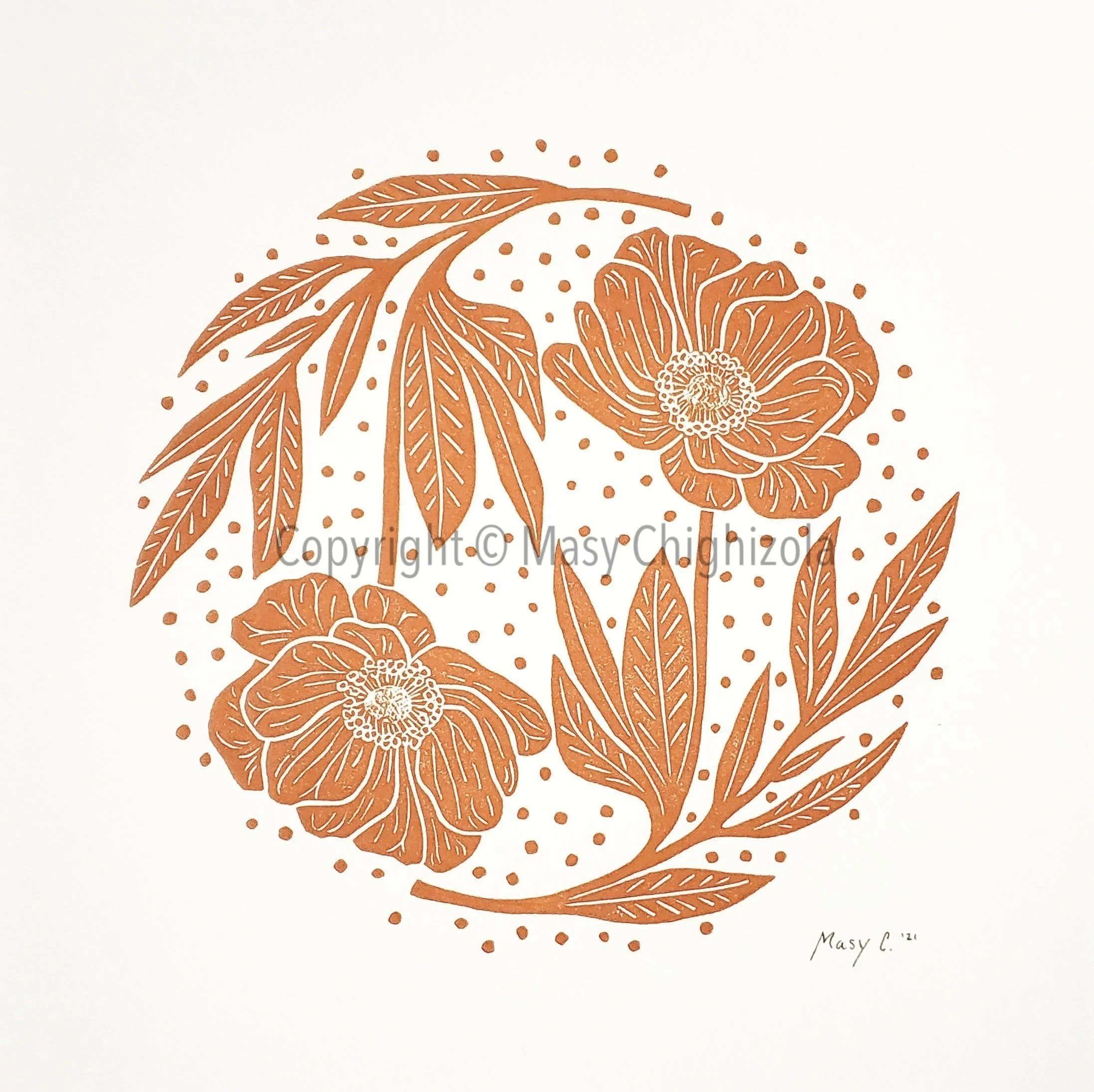 ◆maison de soil SMALL FLOWER BLOCK PRINT Floral circle original block print - botanical wall decor - small