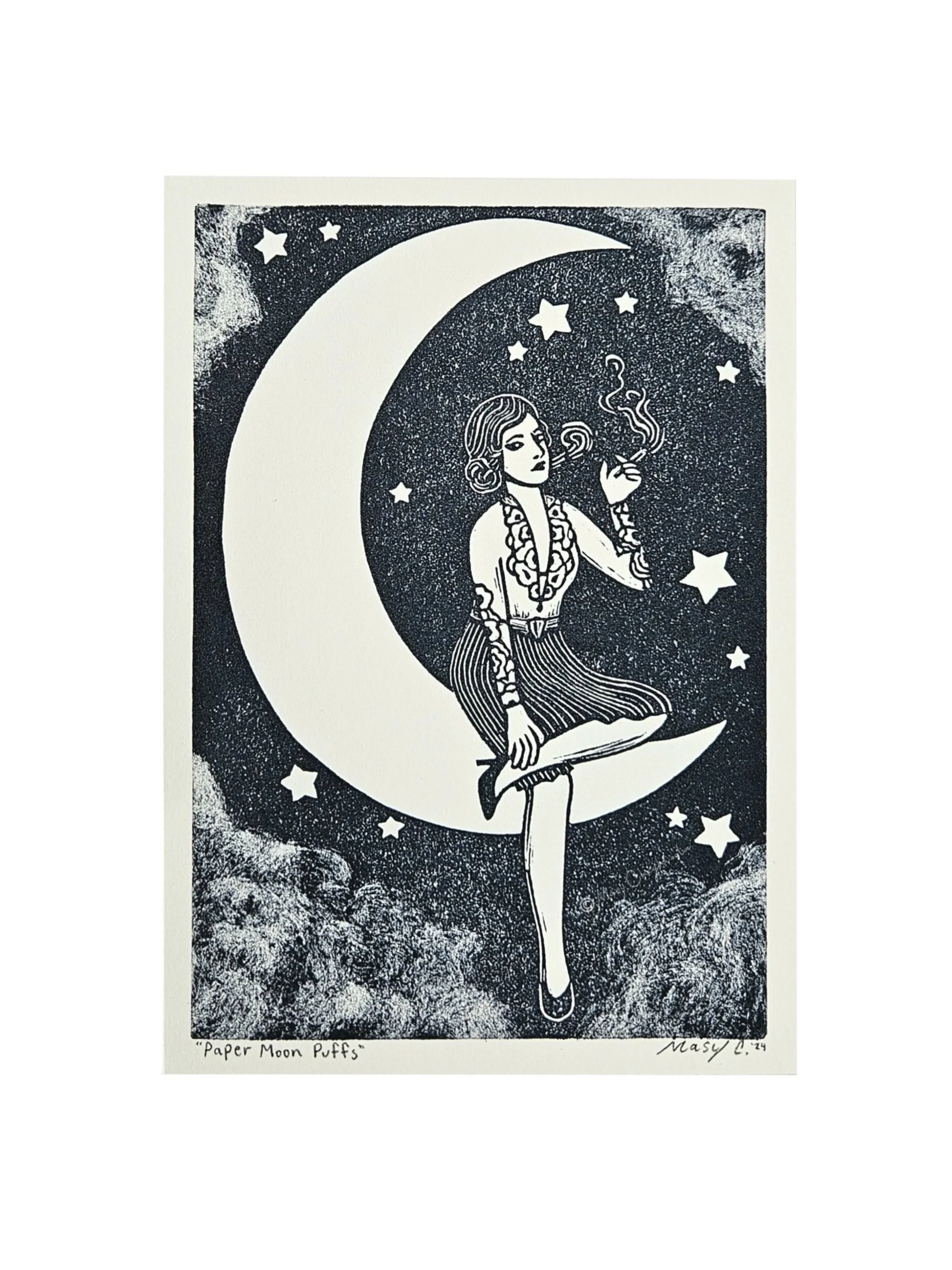 Paper Moon Puffs original block print - vintage paper moon and