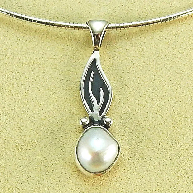 266: Pearl & Single Leaf Flame... Pendant — Silver Stone Handcrafted