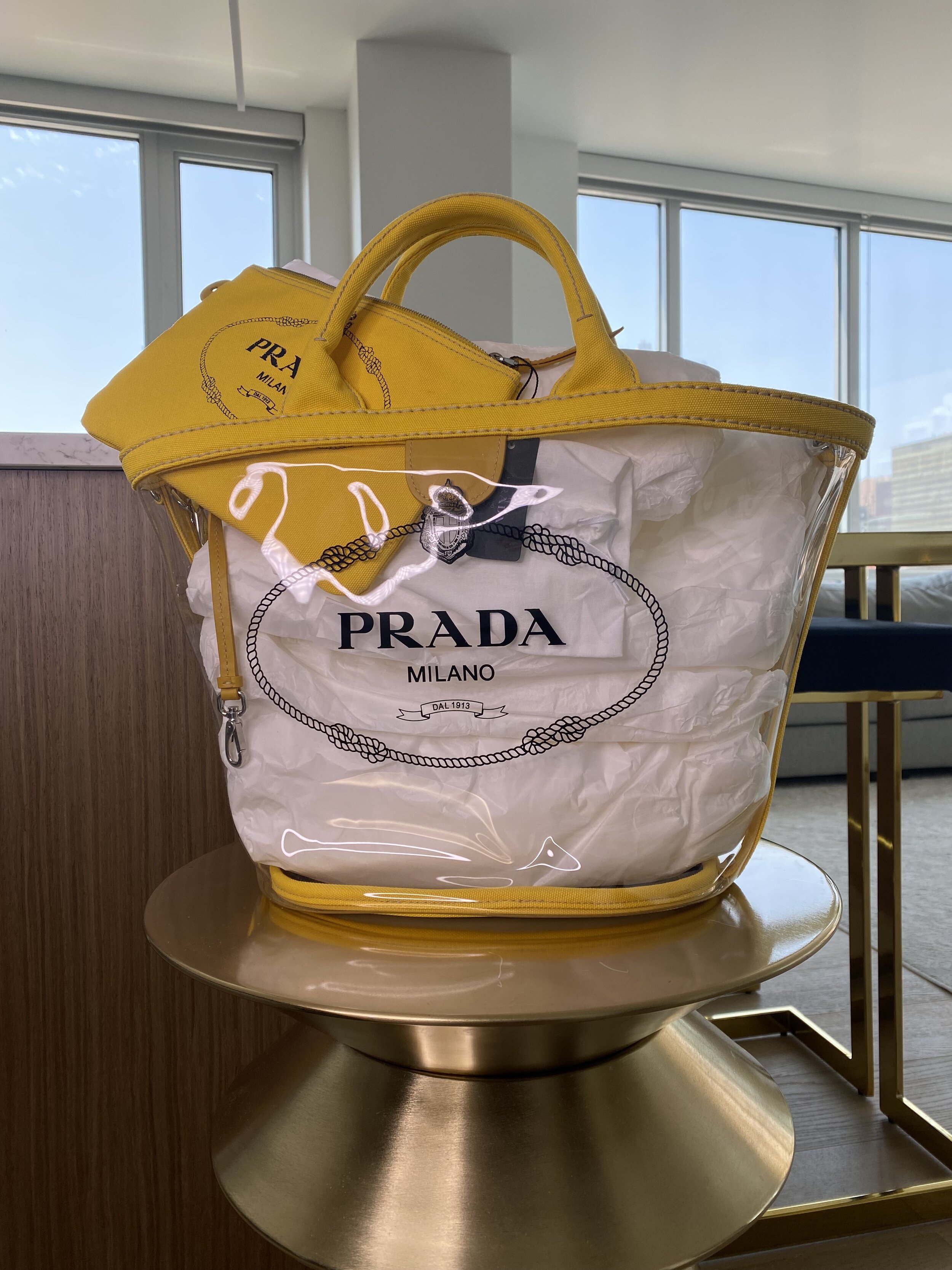 Yellow Prada Printed Vinyl Tote Bag
