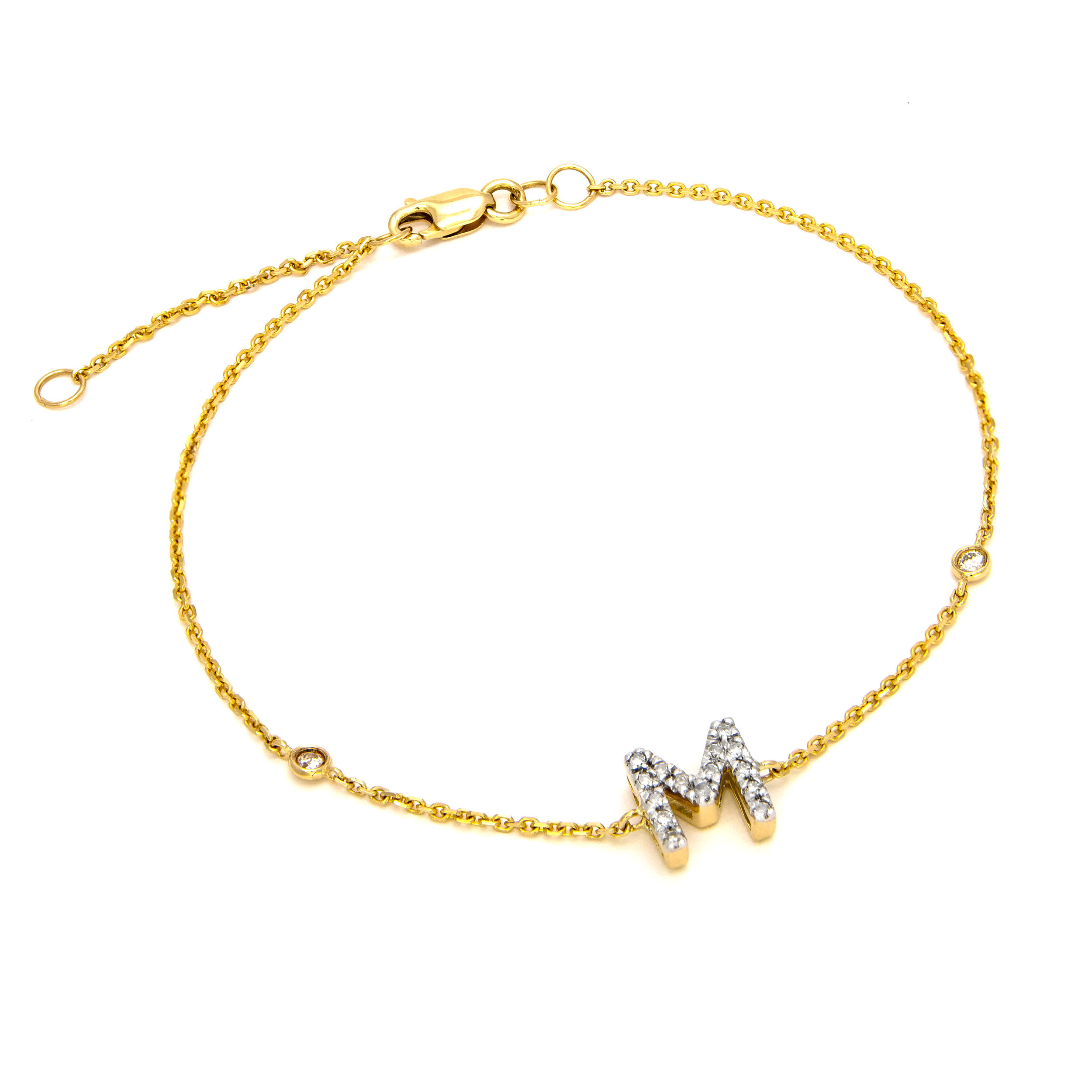 14k yellow gold diamond initial bracelet with 2 diamond bezels