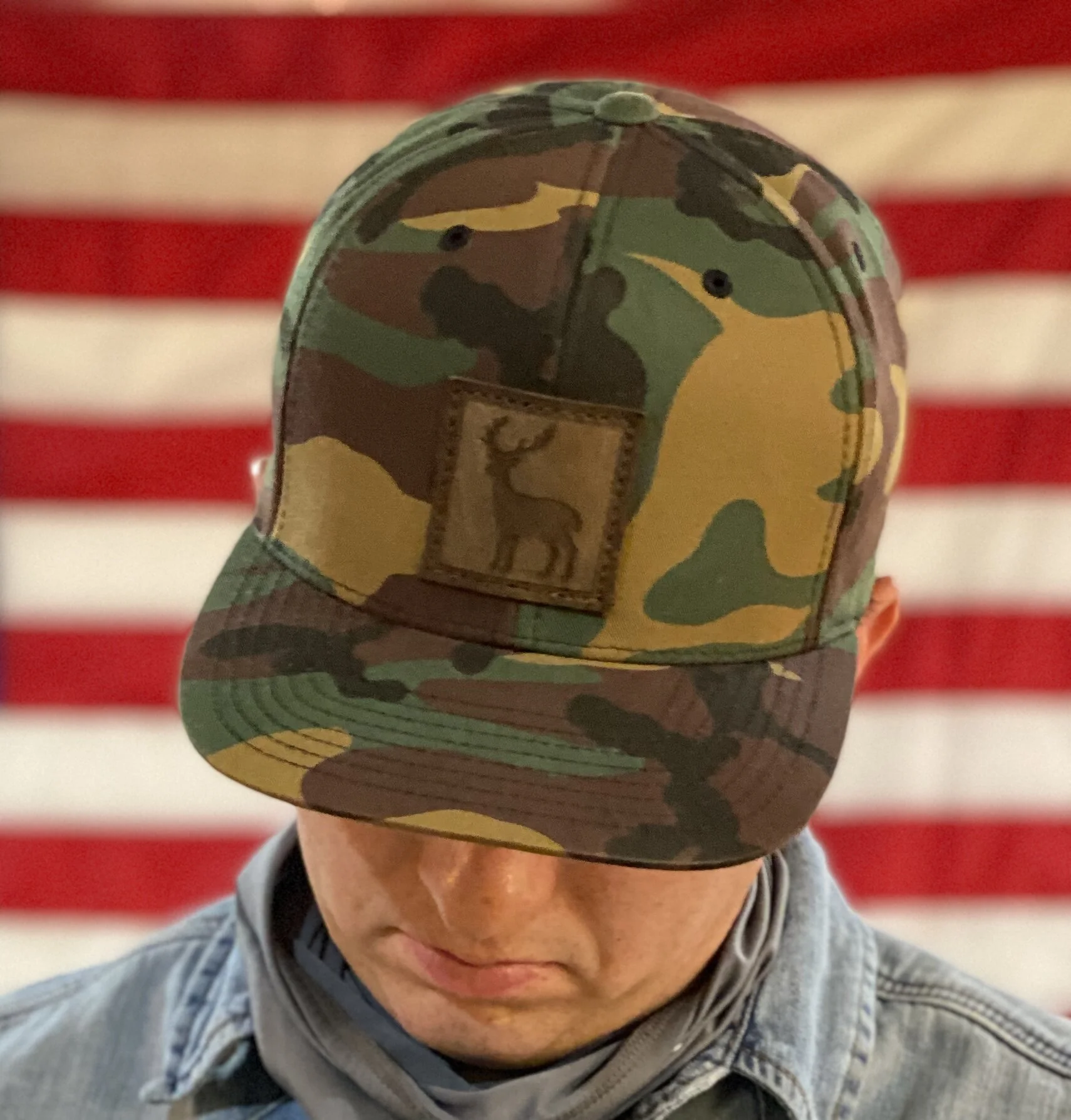 Camo Hat with Leather Patch — blue deer