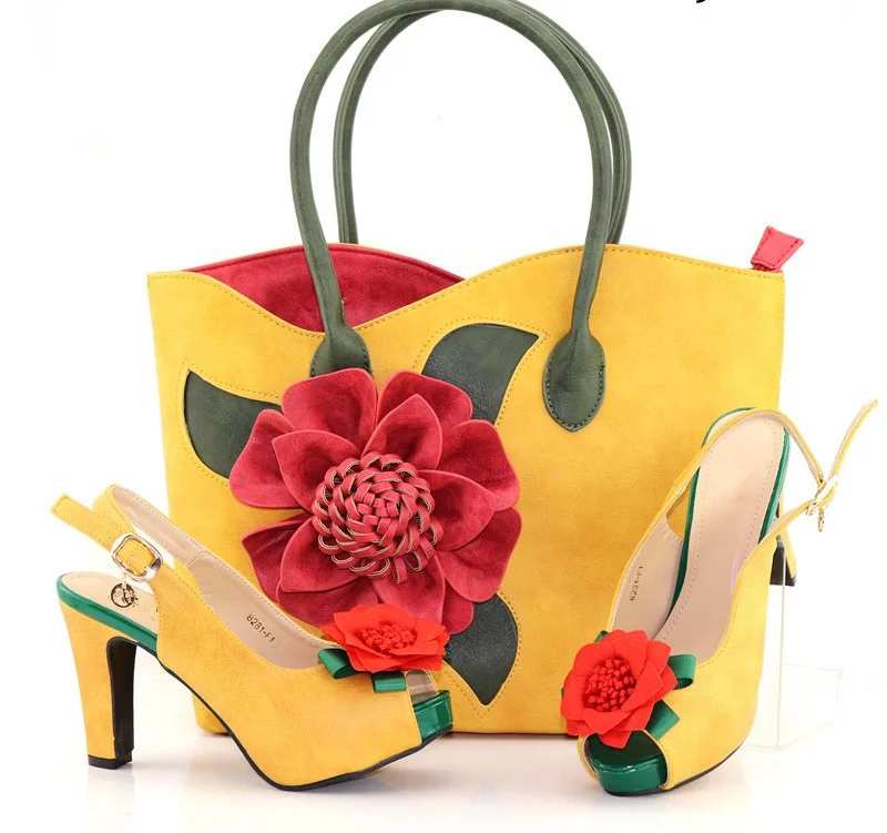 yellow shoes and matching handbag