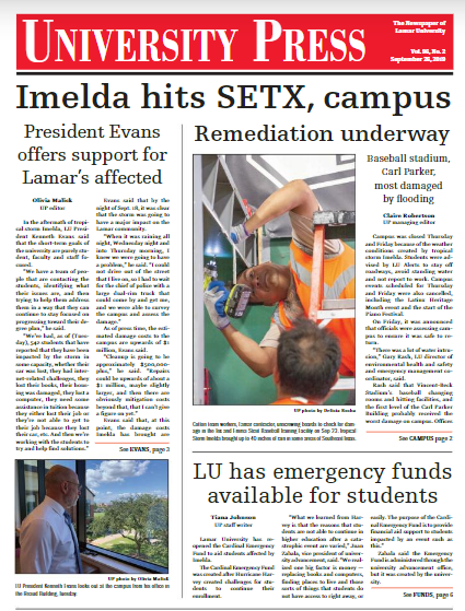 大学出版社封面, 拉马尔大学的学生报纸, 热带风暴伊梅尔达袭击博蒙特几天后, TX. 查看问题.