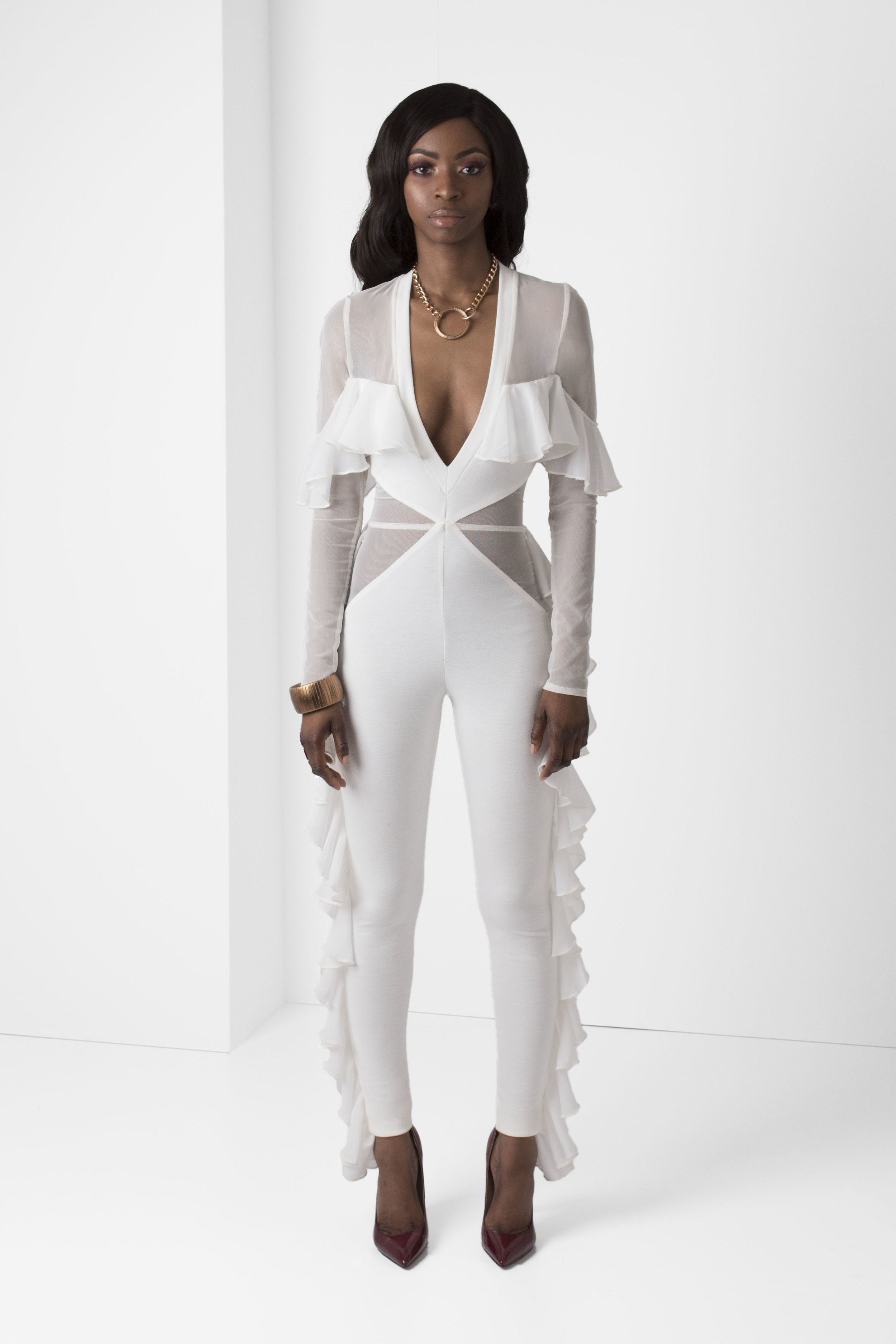 white ruffle jumpsuit