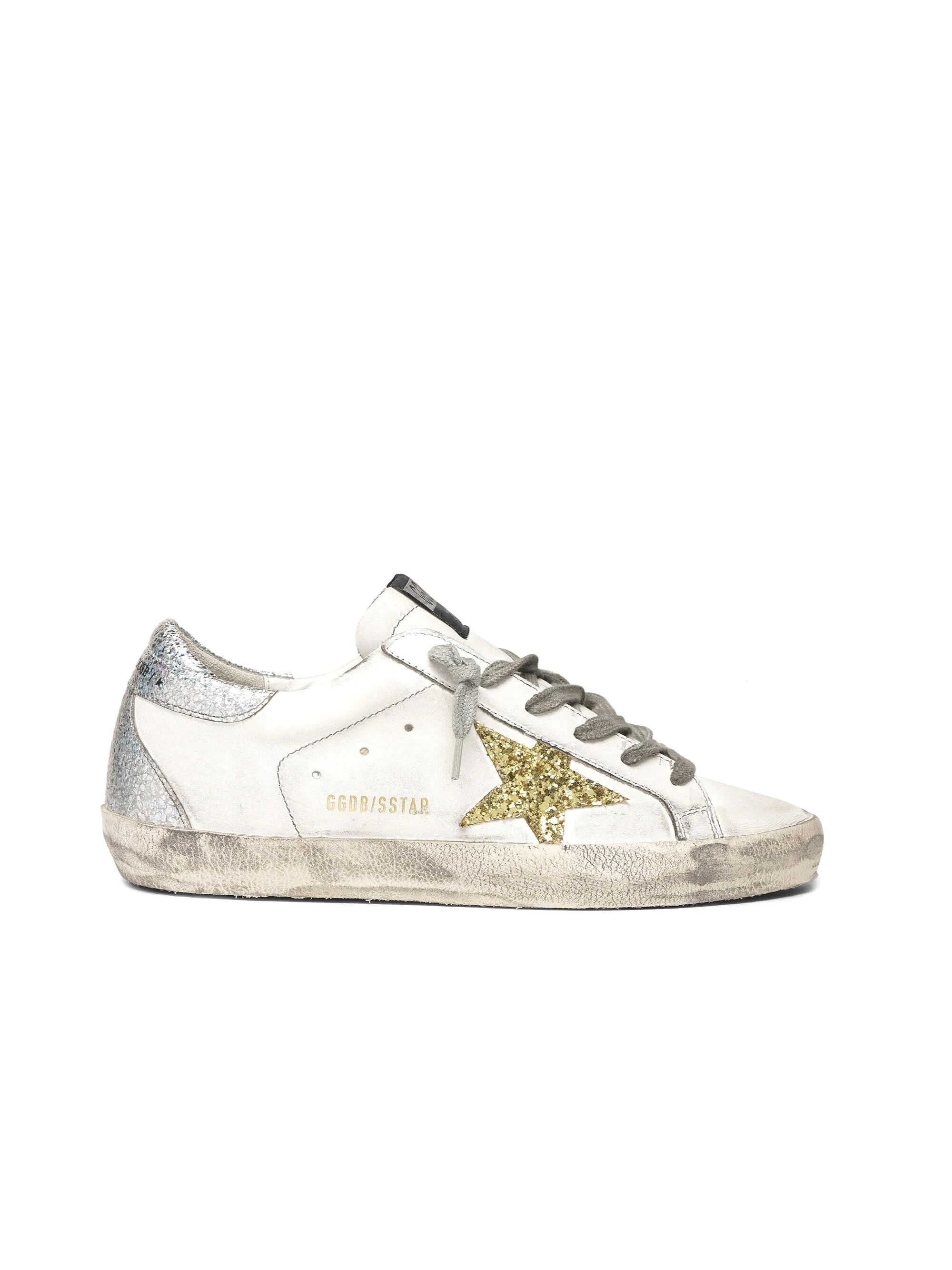 Golden Goose White Leather Gold Glitter Star and Silver Back Superstar — Etc