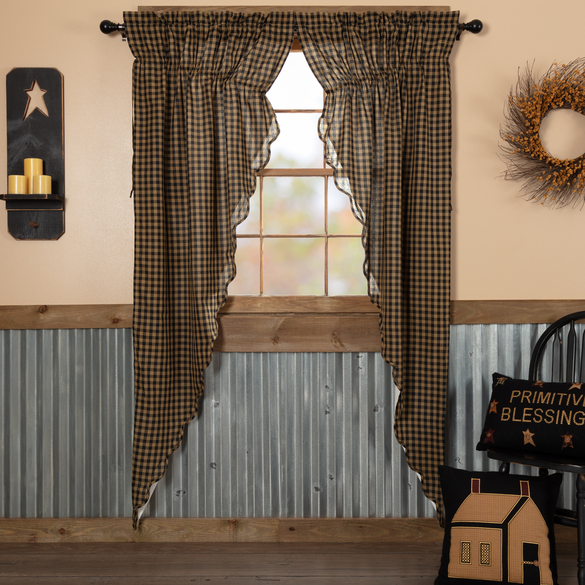 Black Check Scalloped Prairie Long Panel Curtains Wooden Treasures