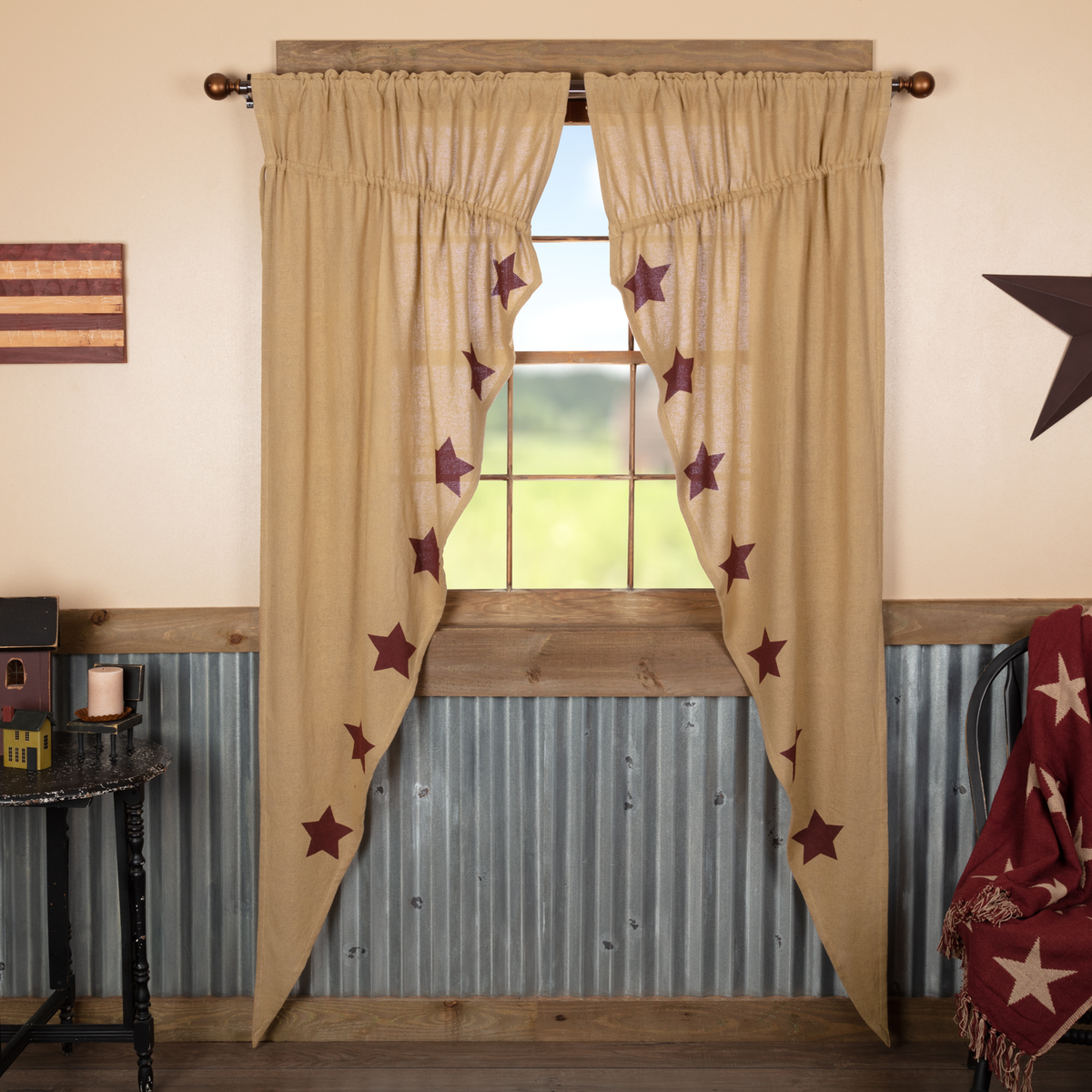 Burlap Burgundy Stars Prairie Long Panel Curtains Wooden Treasures