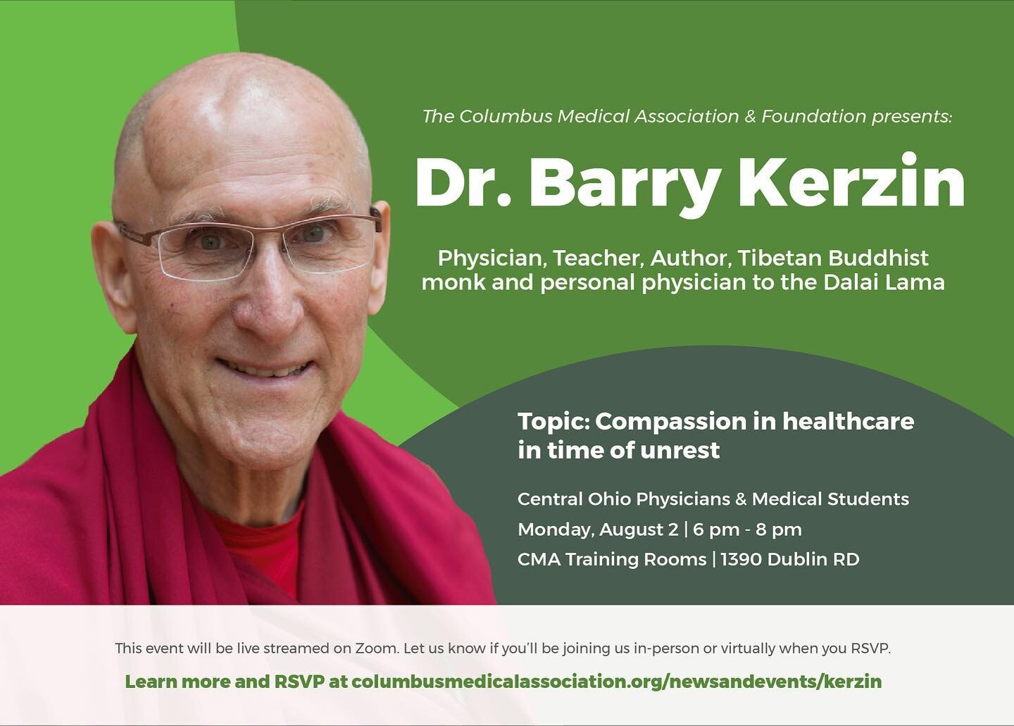 你和博士一起报名参加这个很棒的活动了吗. Barry Kerzin还没有? 如果不是，你还在等什么?! 

请在8月2日晚上加入我们，聆听Dr. Kerzin讨论了在这个动荡时期医疗保健中的同情心. 向俄亥俄州中部的所有医生开放