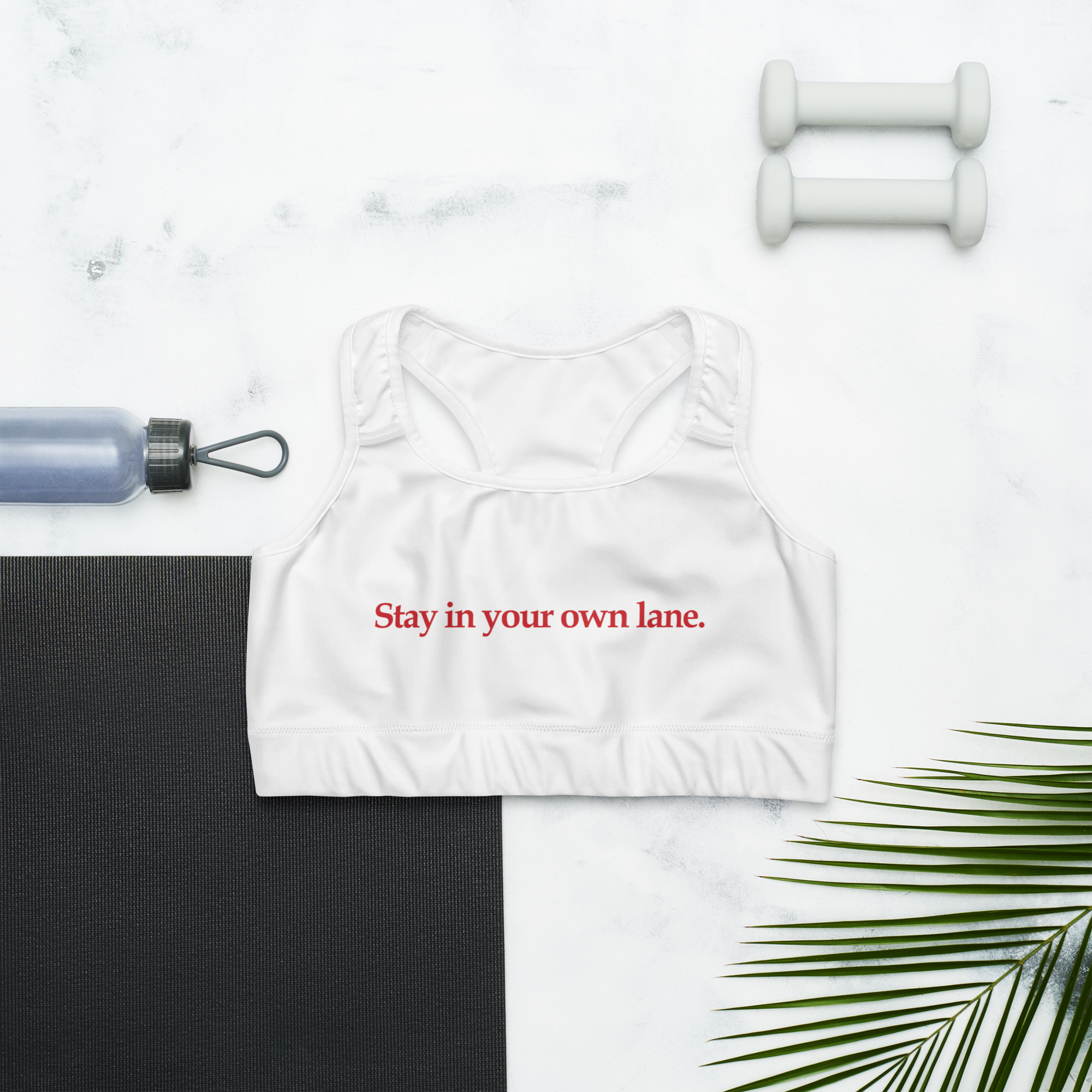 LLG Quote: Stay in your lane. Ladies Sports Bra. White All-Over Print  Sports Bra. Black or White Outline w. Logo on Back — Ladies' Life Guide
