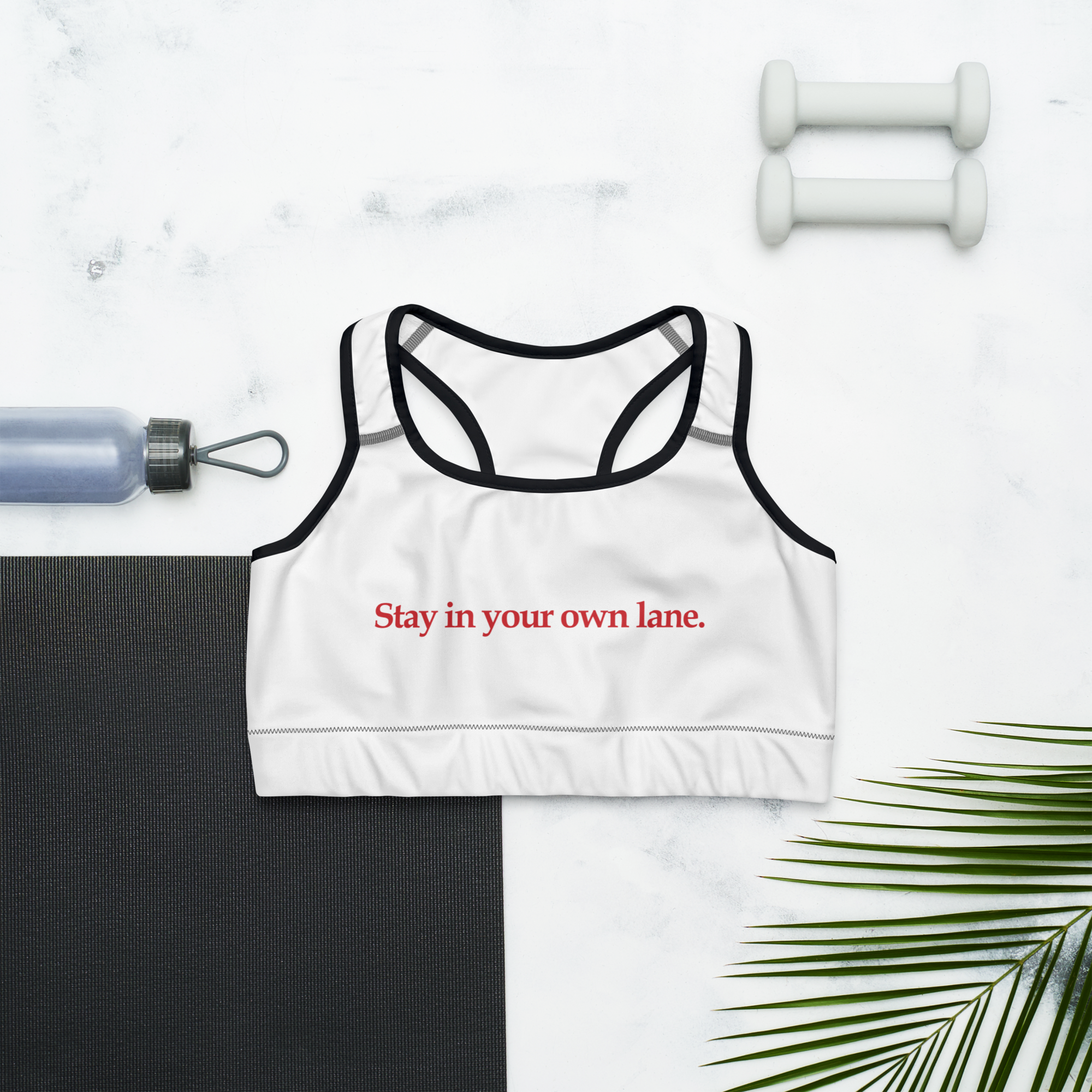 LLG Quote: Stay in your lane. Ladies Sports Bra. White All-Over Print  Sports Bra. Black or White Outline w. Logo on Back — Ladies' Life Guide