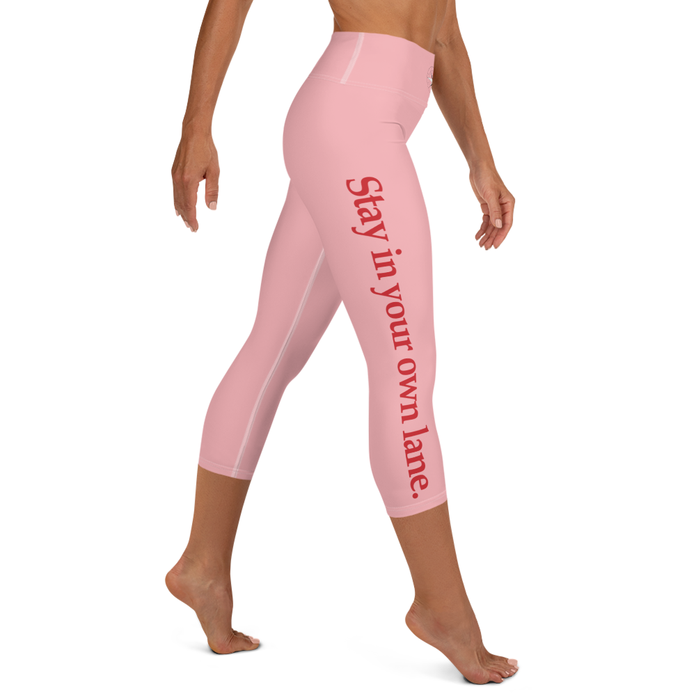 LLG Quote: Stay in your own lane. All-Over Print Yoga Capri Leggings 3  Colors w. Red & White Letters w. Logo & Signature — Ladies' Life Guide