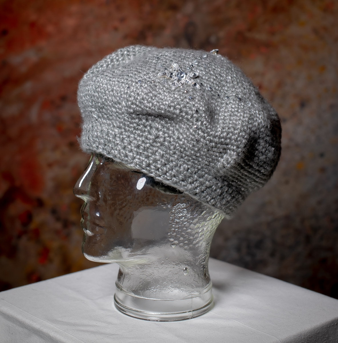 Metallic Grey Crochet-Knit Beret w 