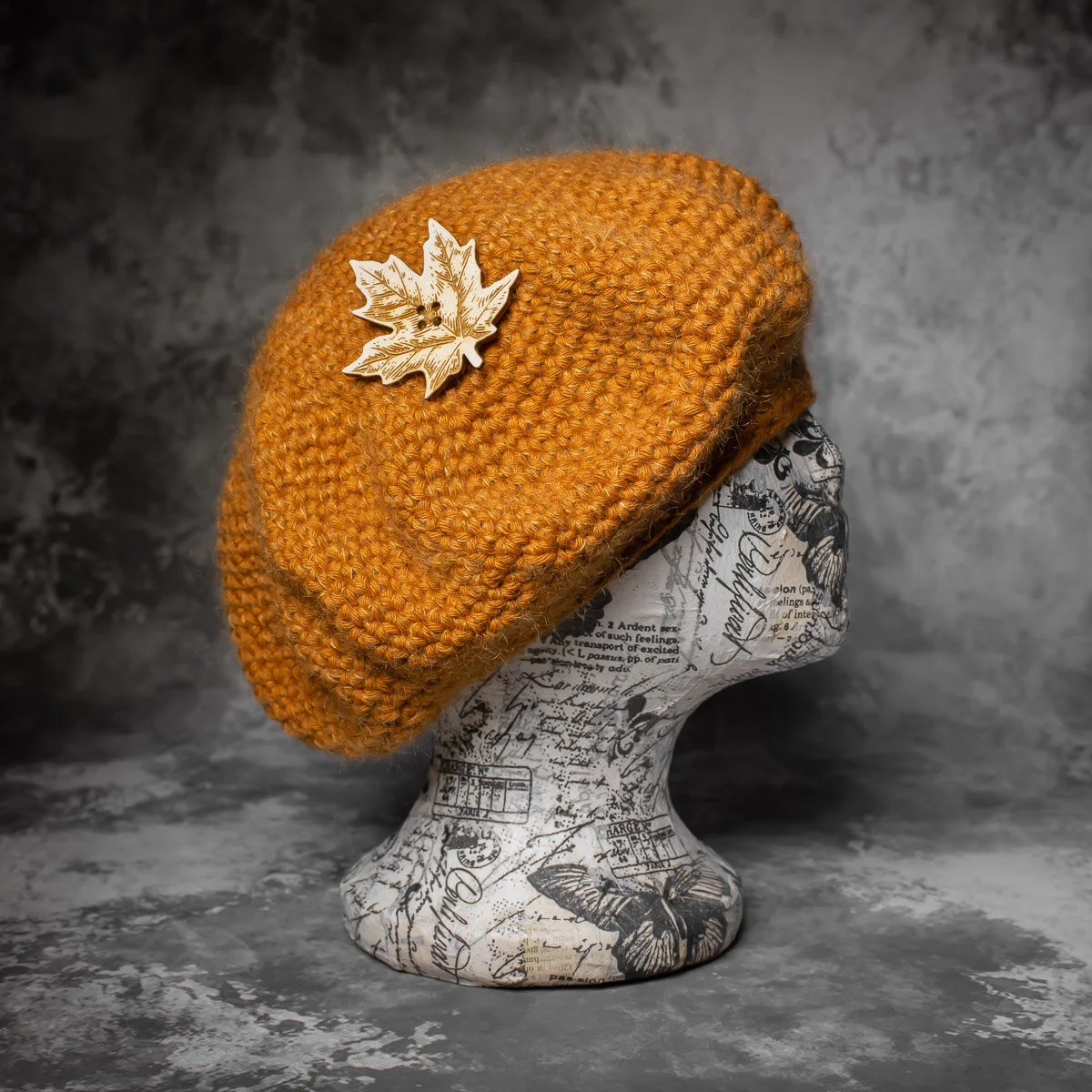 Pumpkin Beret w/Birch Wood Maple Leaf 