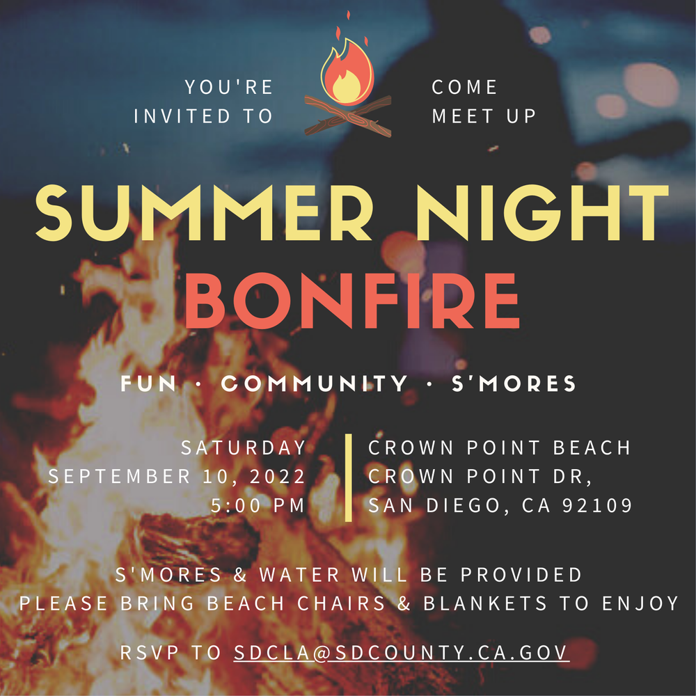 SDCLA bonfire event flyer